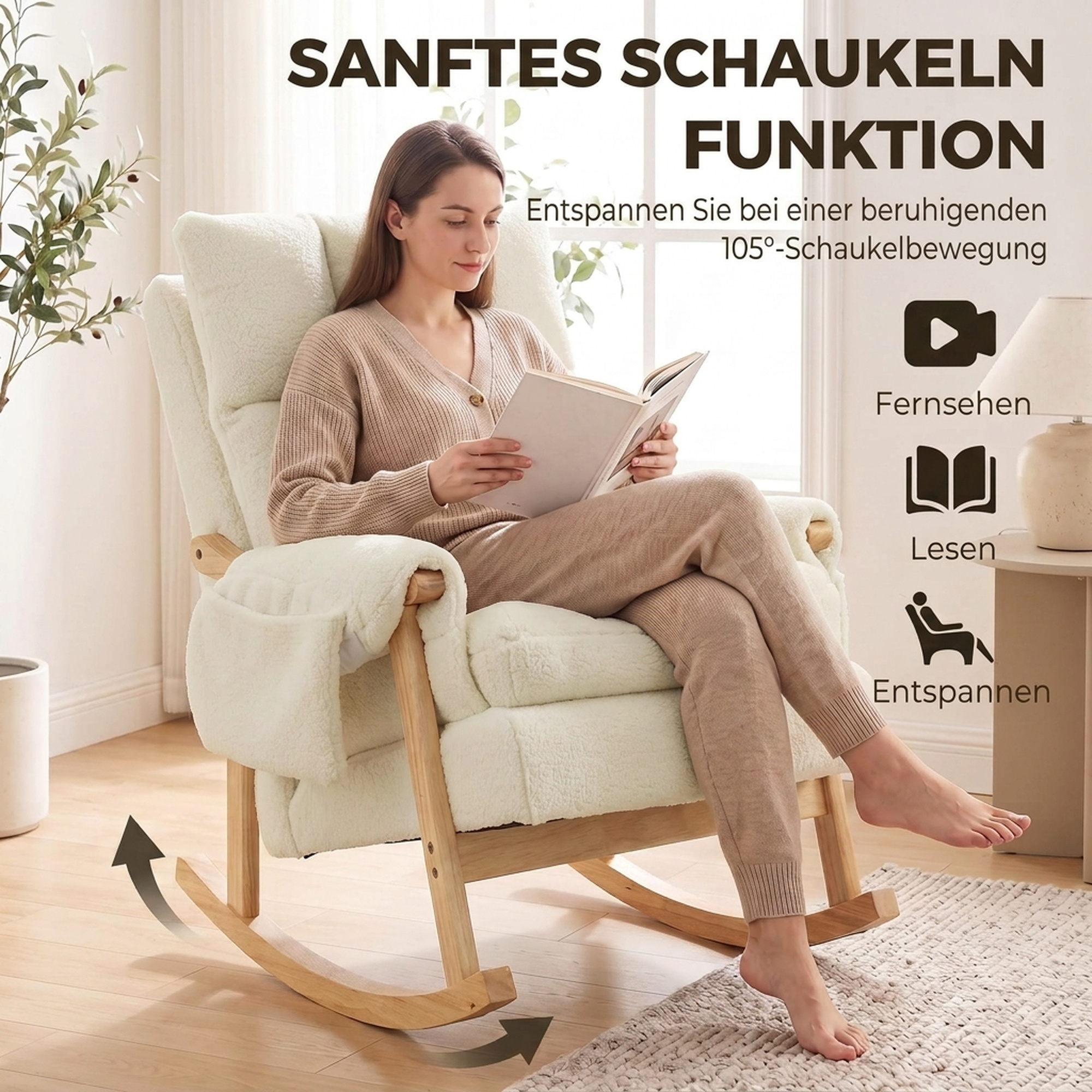 Schaukelstuhl mit Seitentaschen, Snow-Flannel-Bezug und Beinen aus Gummibaumholz, cremeweiß