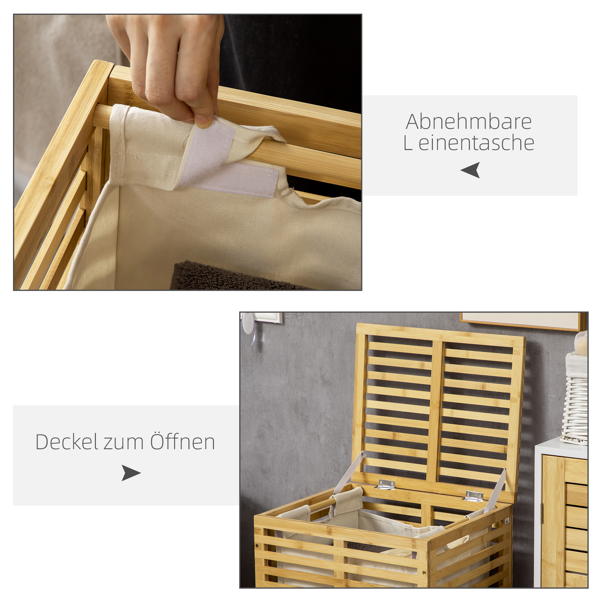 Bambus Wäschekorb mit 63 L Wäschesammler mit Deckel Wäschesack, Stange 44 x 37 x 62,5 cm Naturholz