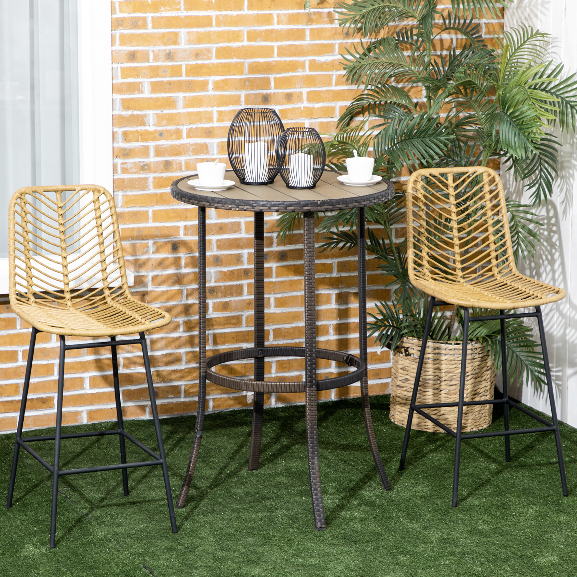 2er Set Barhocker mit Lehne Barstühle im Boho-Design, PE-Rattan, inkl, Fußtstütze, 42,5 cm x 52 cm x 102 cm, Gelb + Schwarz