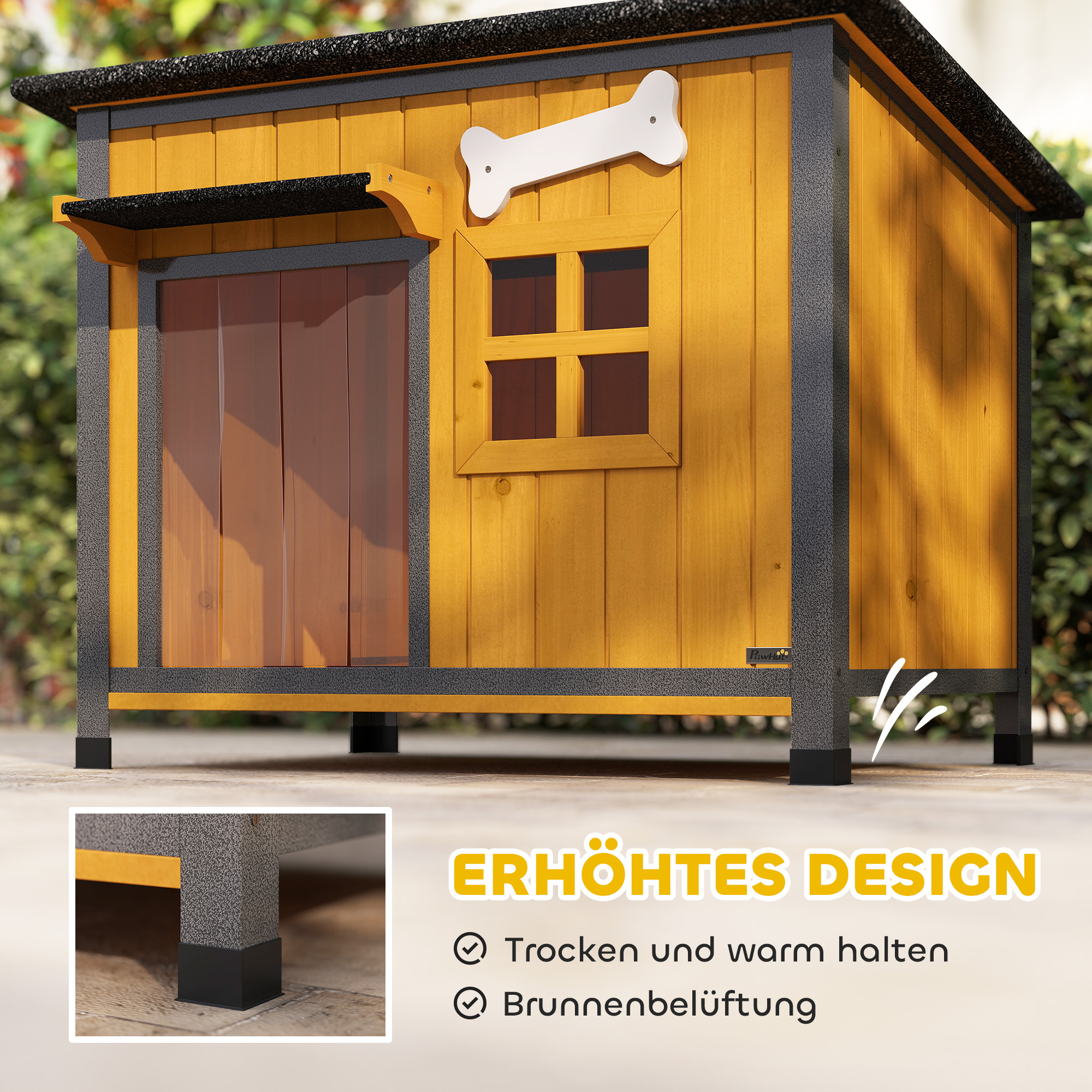 Hundehütte Holz Outdoor Hundehaus mit Asphalt-Dach zum Öffnen herausnehmbarem Boden Türvorhang Stahlrahmen 84,5x62x65cm