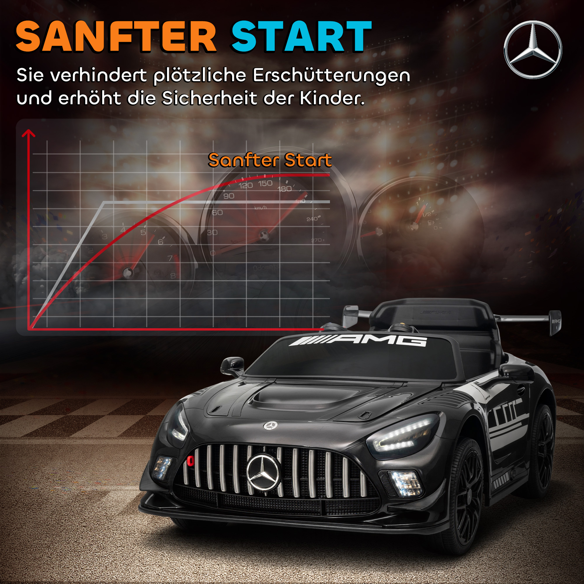 Mercedes-Elektroauto, Aufsitzauto für Kinder, 12V Batterie, LED-Lichter, Musikfunktion, Hupe, 3-8 Jahre, Schwarz