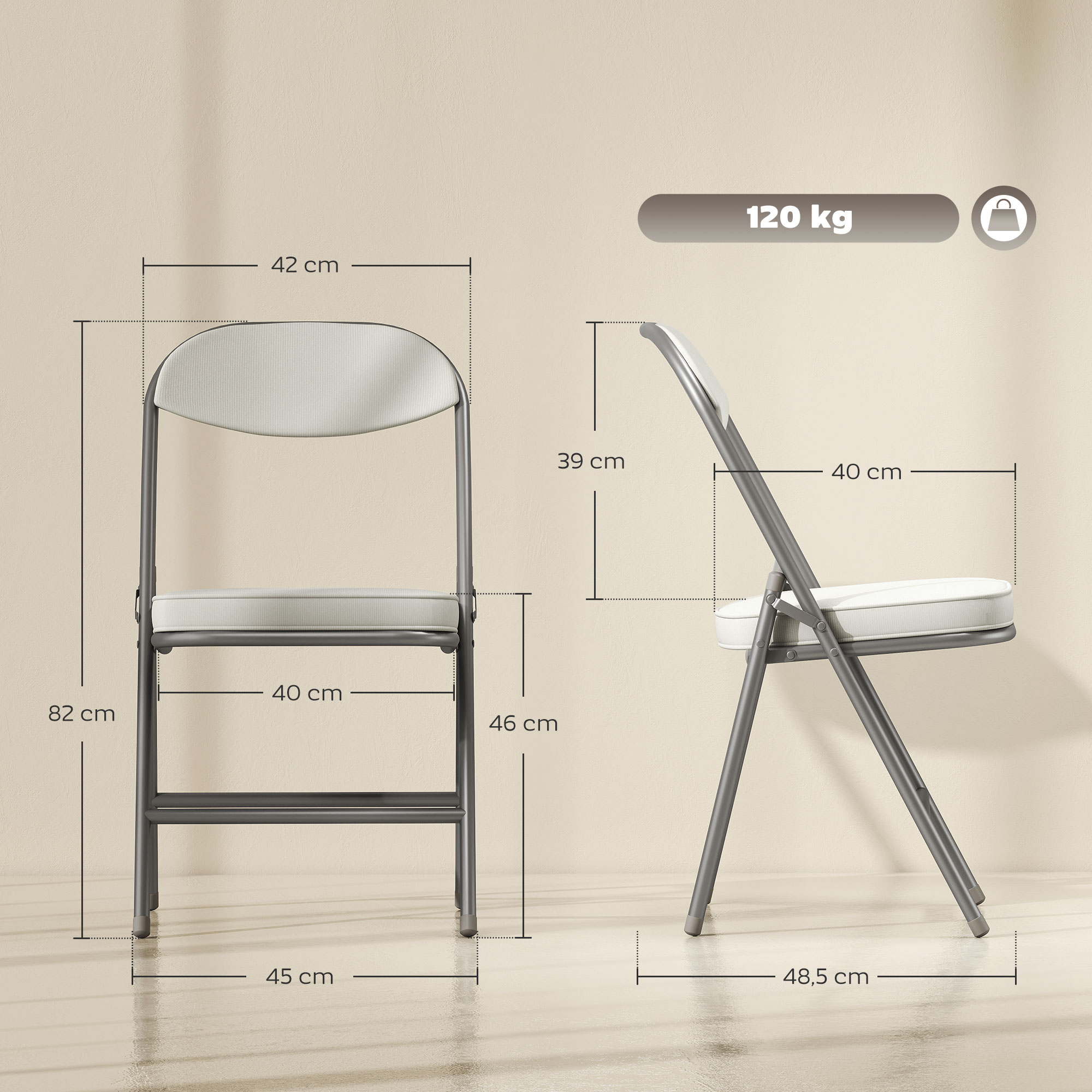 4er-Set gepolsterte Klappstühle, Faltbare Stühle mit Cordbezug, Rückenlehne, Metallrahmen, Cremeweiß