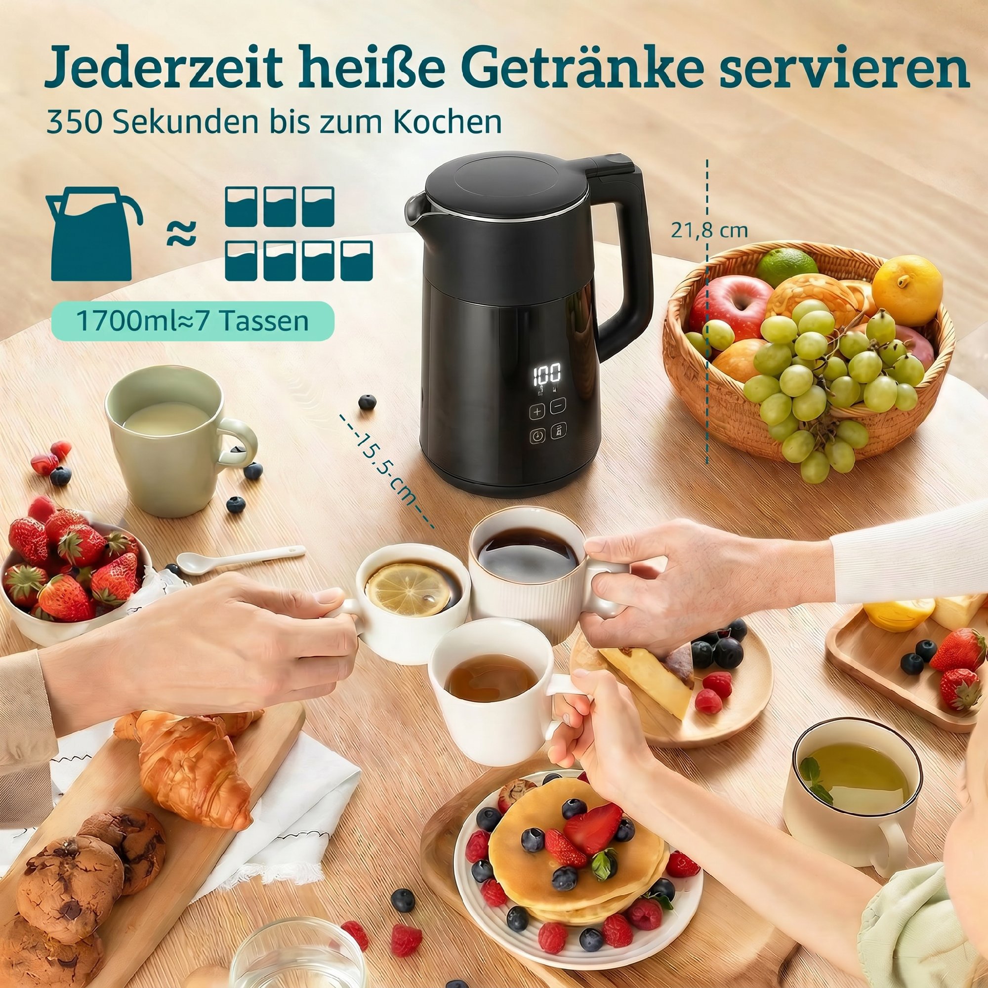 Wasserkocher, 1,7L, Schnellkochend, 2200W, mit LED-Display, Warmhaltefunktion, Trockenkochschutz, PTFE-frei