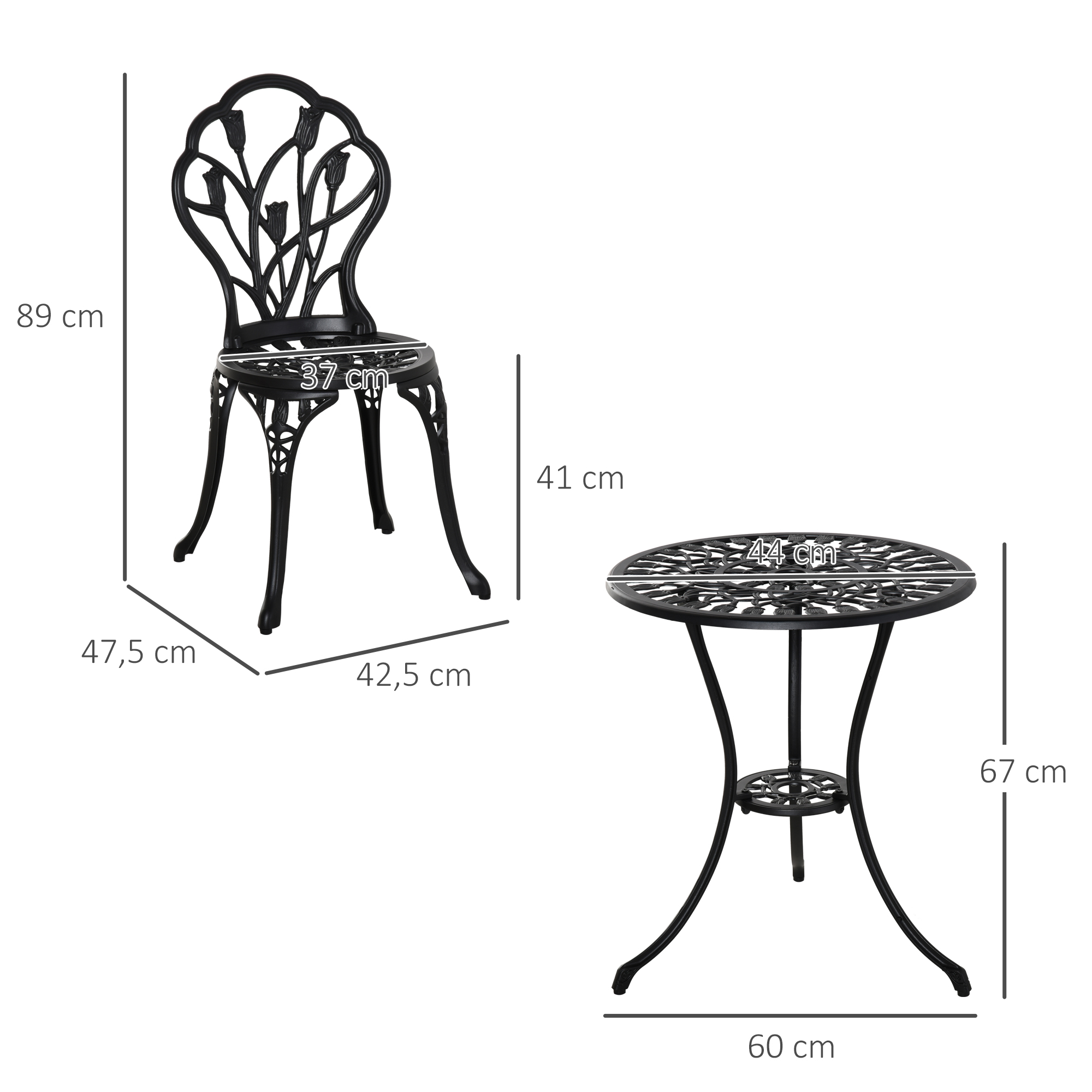 Bistroset wetterfest für 2 Personen 1 Tisch+2 Stühle mit Schirmloch für mehrere Orte Aluminium Schwarz