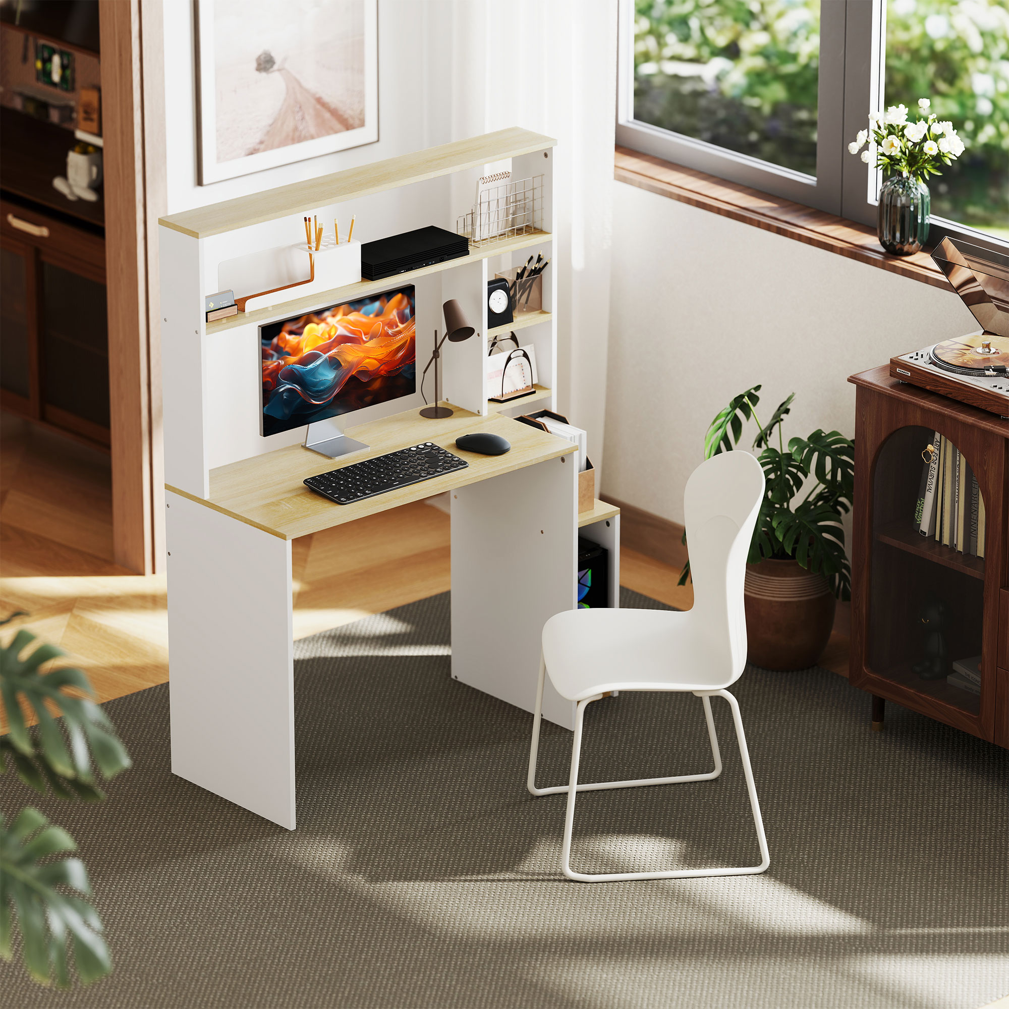 Computertisch, Schreibtisch mit offenen Regalen und Ablagefächern, aus Stahl, Hellbraun+Weiß
