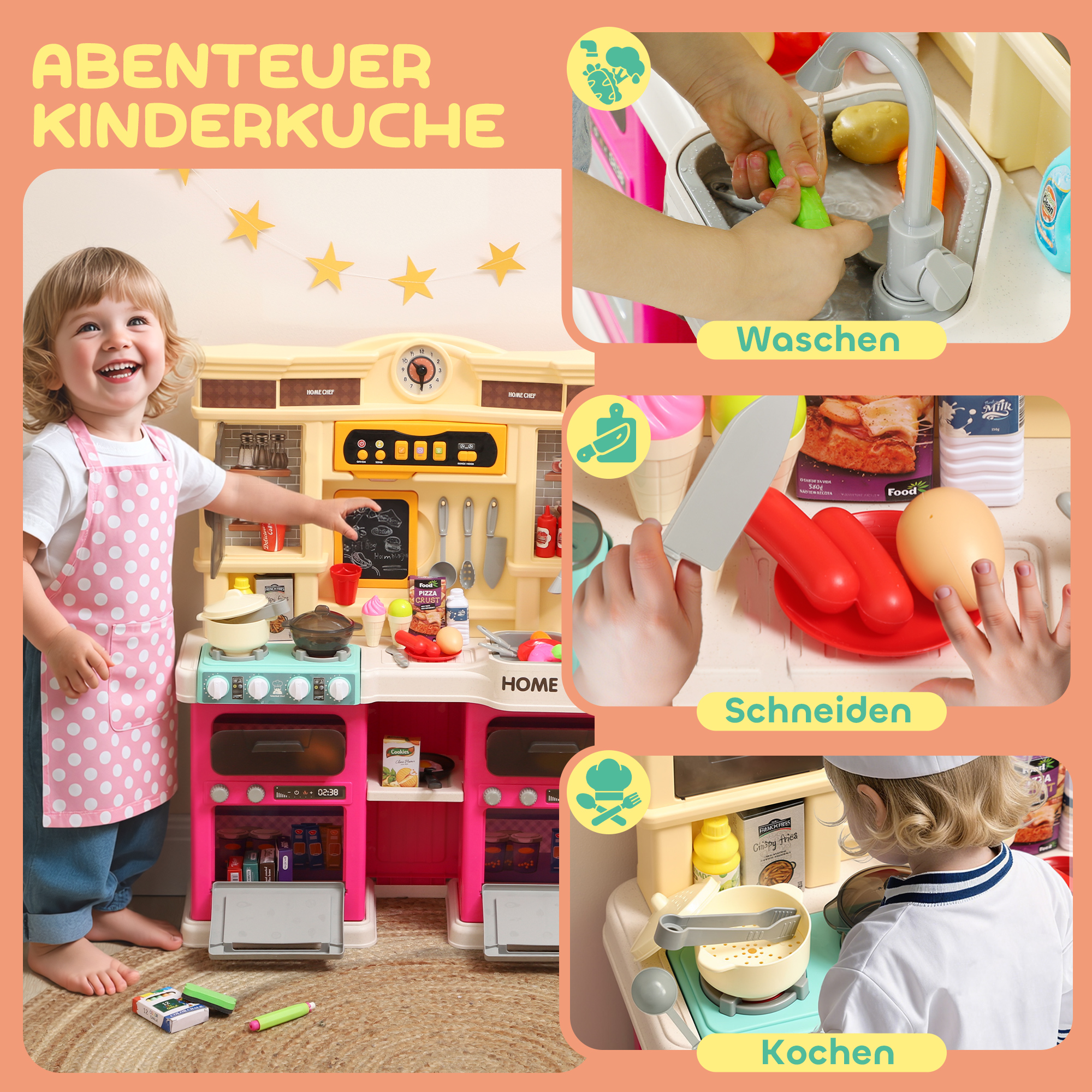Spielküche mit fließendem Wasser, 85-teiliges Zubehör, elektrischer Wasserhahn, Lichter, Geräusche, für Kinder von 3-6