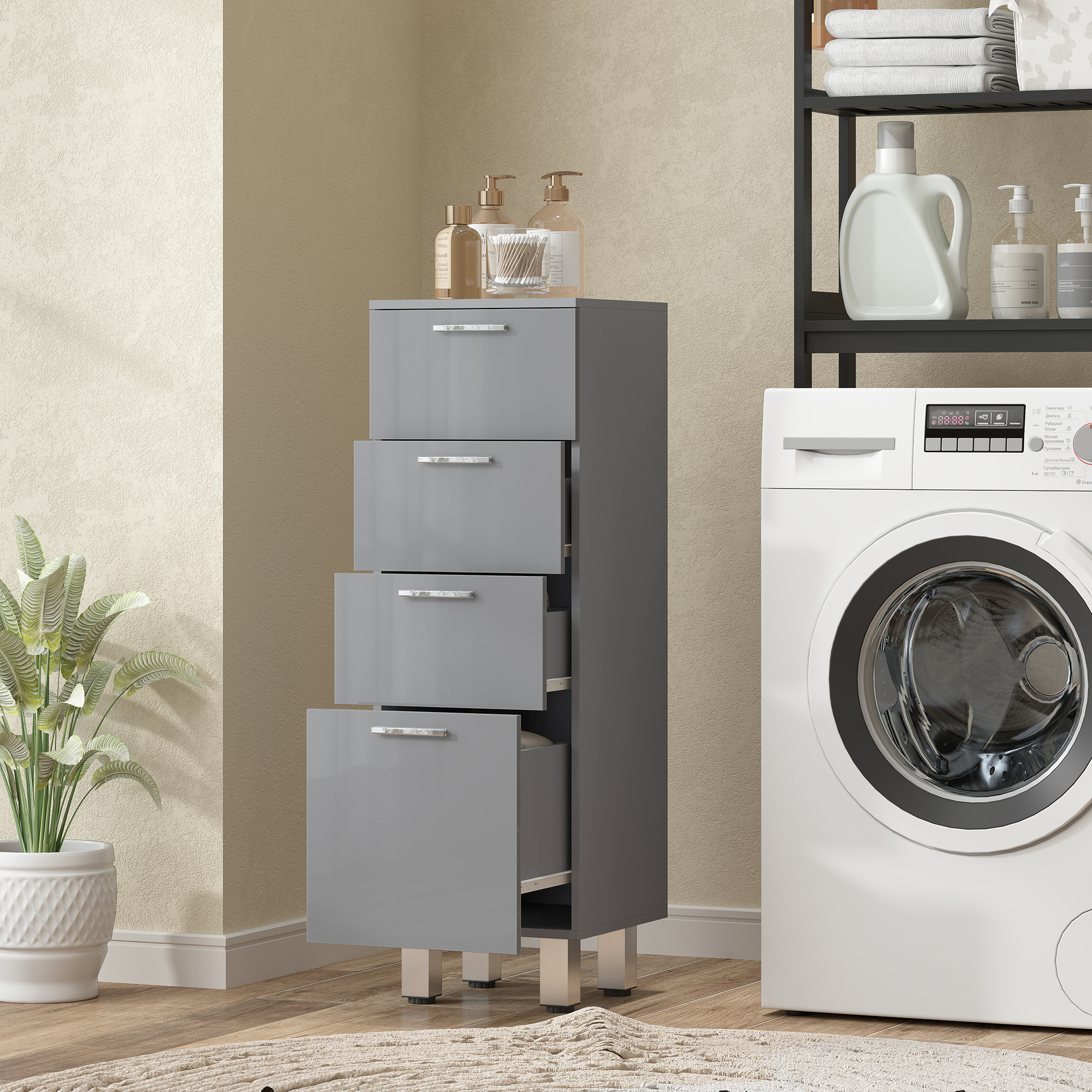 Badezimmerschrank, Badschrank, 4 Schubladen, Spanplatte, glatt, Grau