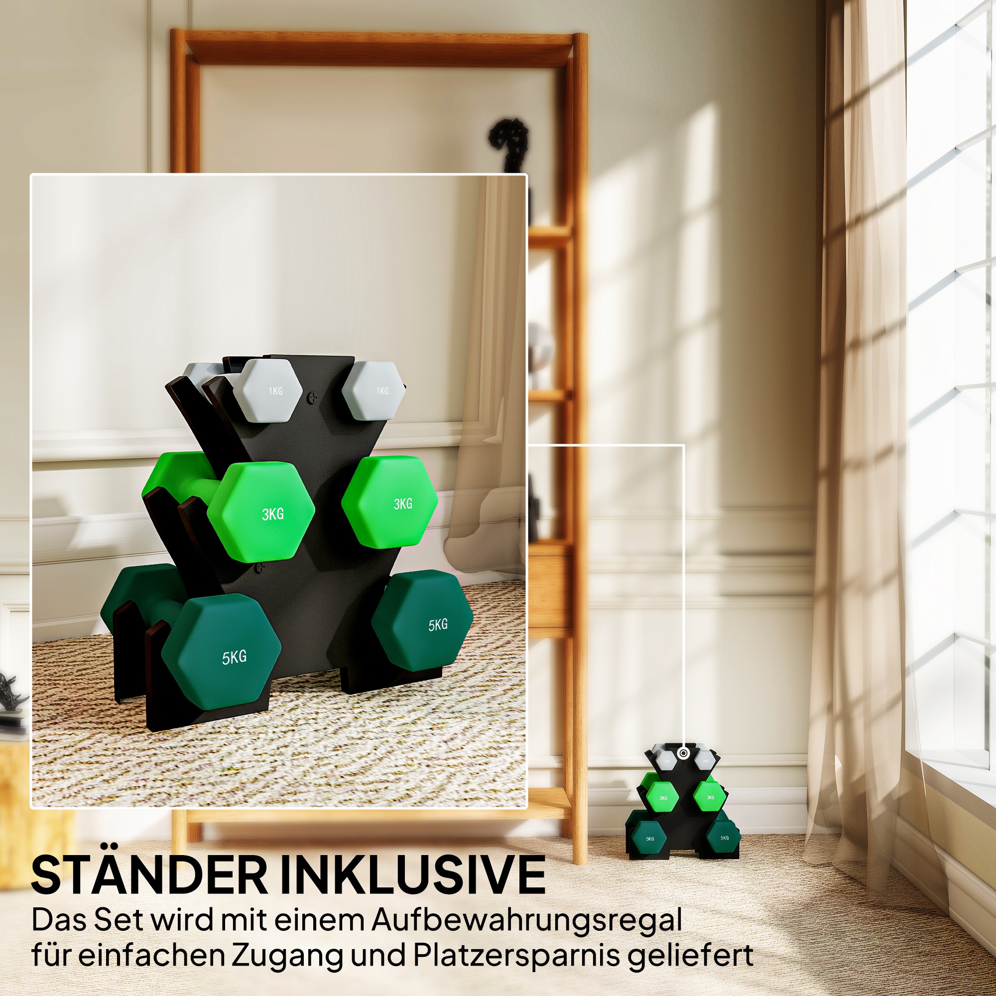 Hantelset mit Aufbewahrungsgestell, Set mit 6 Hanteln für Fitness-Training, 2 x 1kg, 2 x 3kg, 2 x 5kg