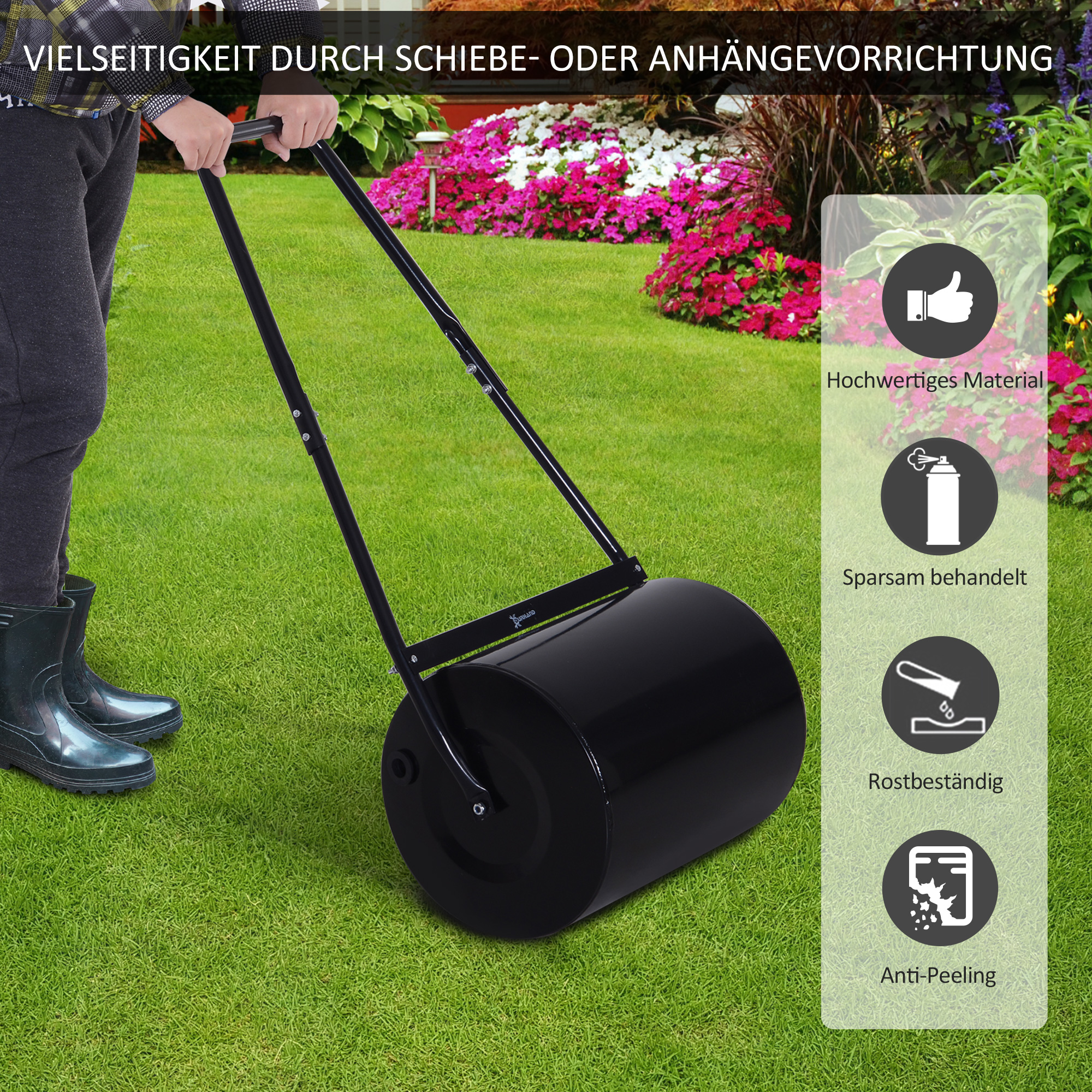 Rasenwalze mit U-Griff, Gartenwalze, Gartenrolle, 40 cm Durchmesser, 60 L Wasser-/Sandfüllung, Metall, Schwarz 57 x 40 x 123 cm
