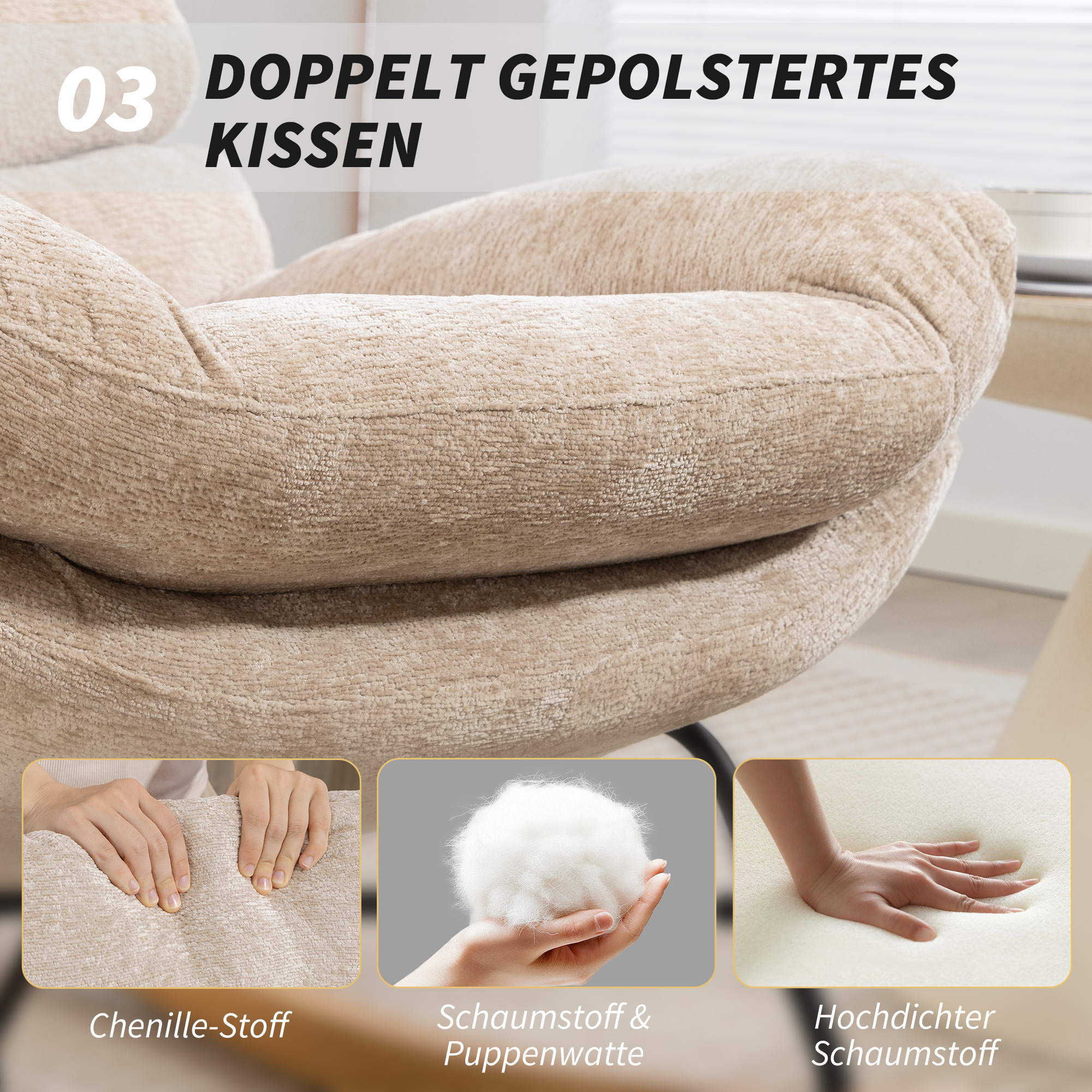 Gepolsterter Schaukelstuhl mit Stahlbeinen und Holzkufen, Cremeweiß