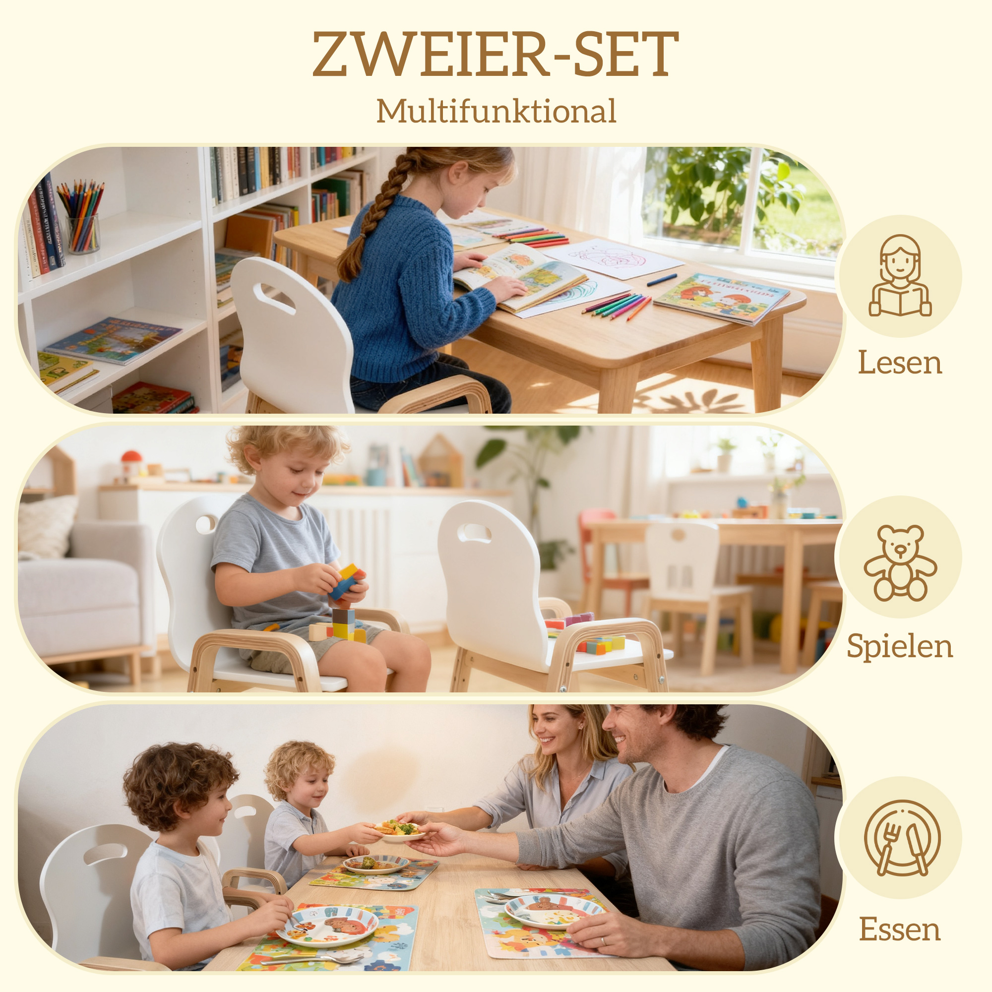 Holzstuhl-Set für Kinder, rutschfeste Fußpads, 3-9 Jahre, höhenverstellbar, Weiß