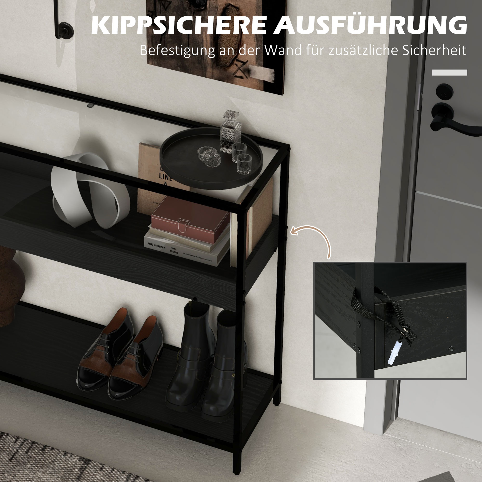 Konsolentisch mit 2 Regalen, Flurtisch, Flurkonsole, Schwarz