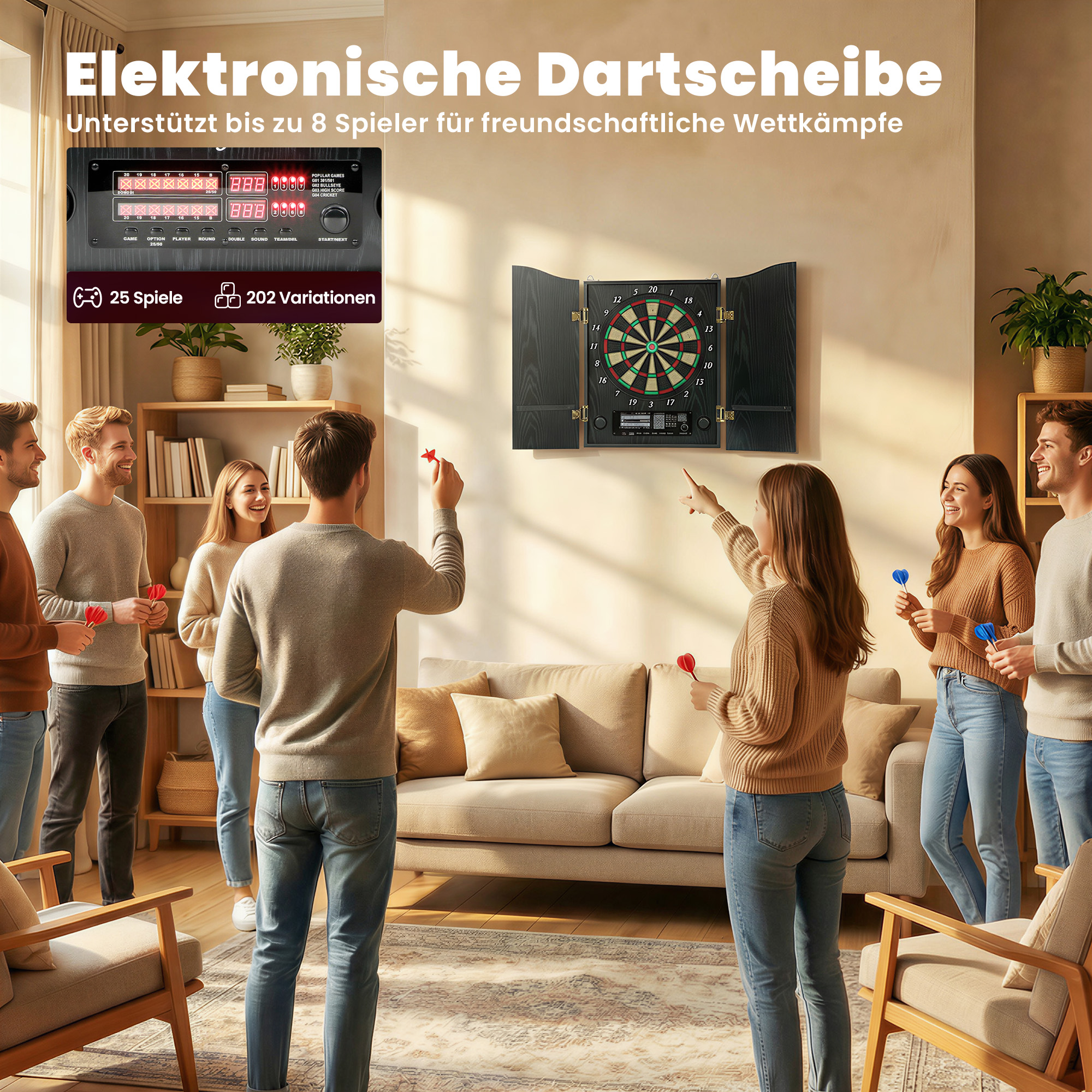 elektronische Dartscheibe, E-Dartboard mit Türen, Holzoptik, LED-Anzeige, Sprachansagen, 6 Dartpfeile, 24 Ersatzspitzen