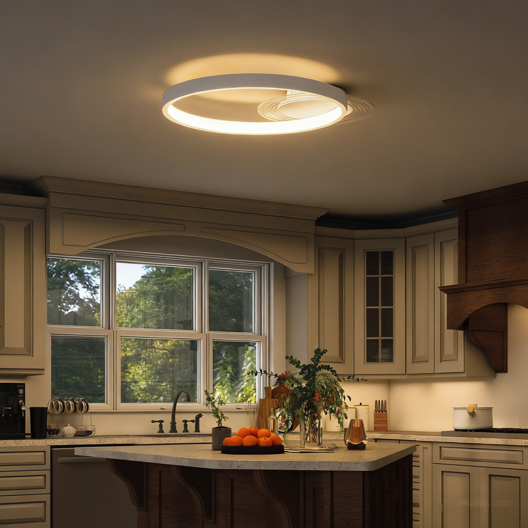 Deckenlampe, Deckenleuchte mit Zwei-Ring-Design, Rund 50 x 40 x 7,4 cm, Weiß