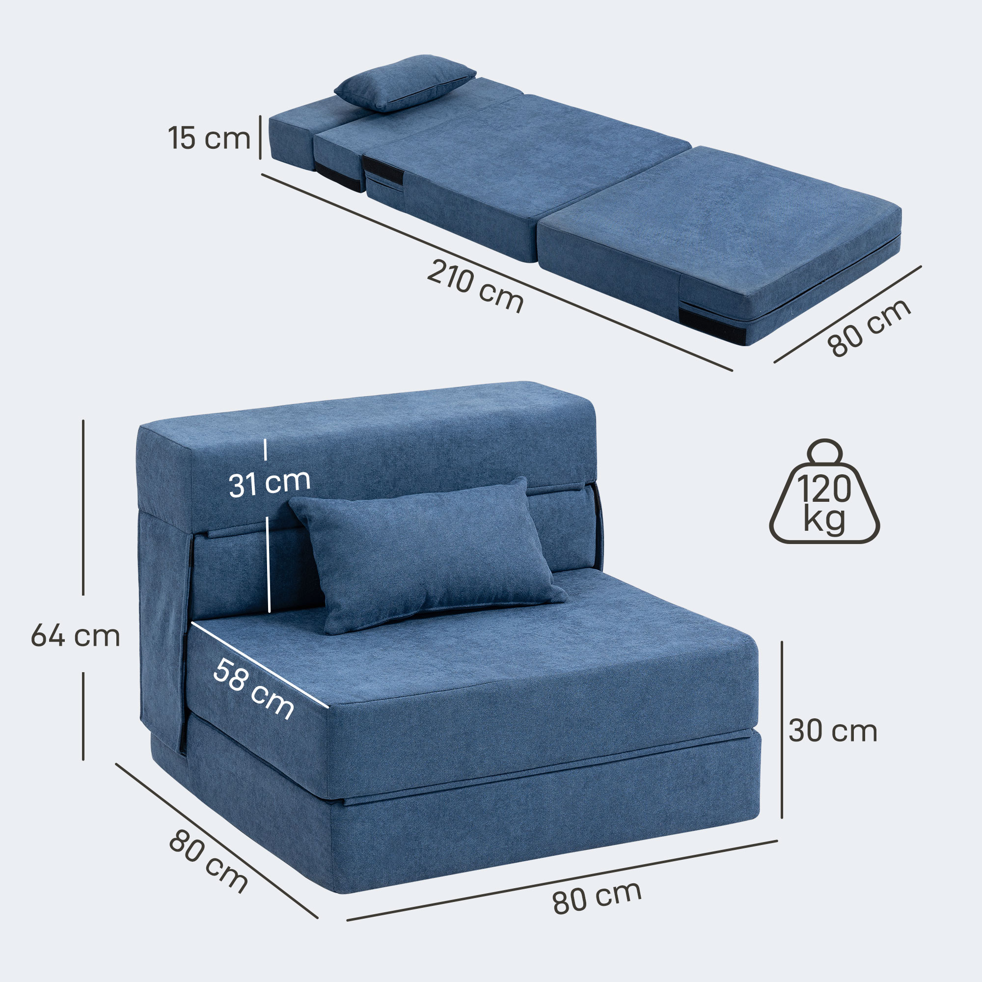 Bodensofa, Polstercouch, in Matratze umwandelbar, Schaumstoff, Kissen, Dunkelblau