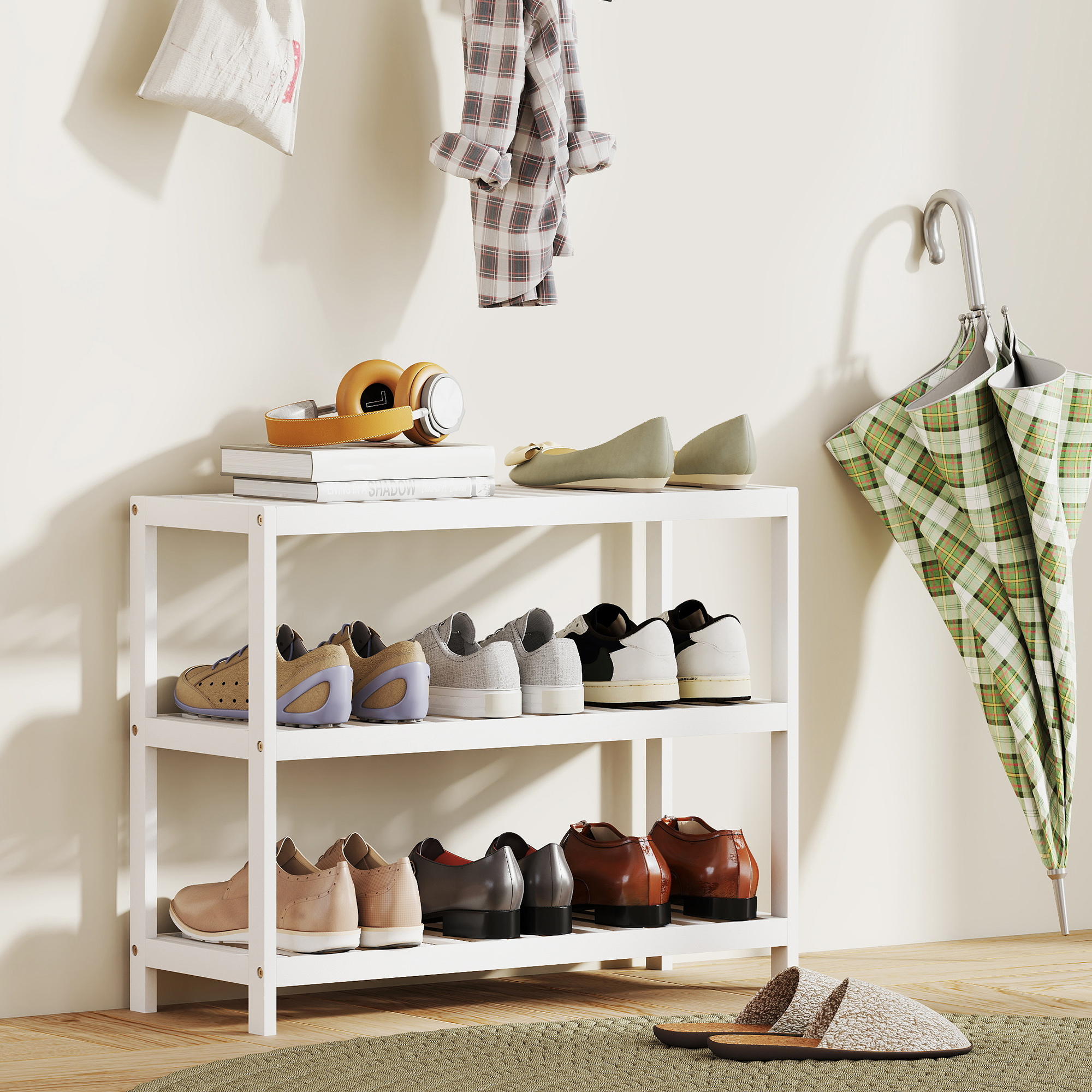 3-stufiges Bambusregal, Schuhregal, Aufbewahrungsregal, lackierte Oberfläche, Weiß