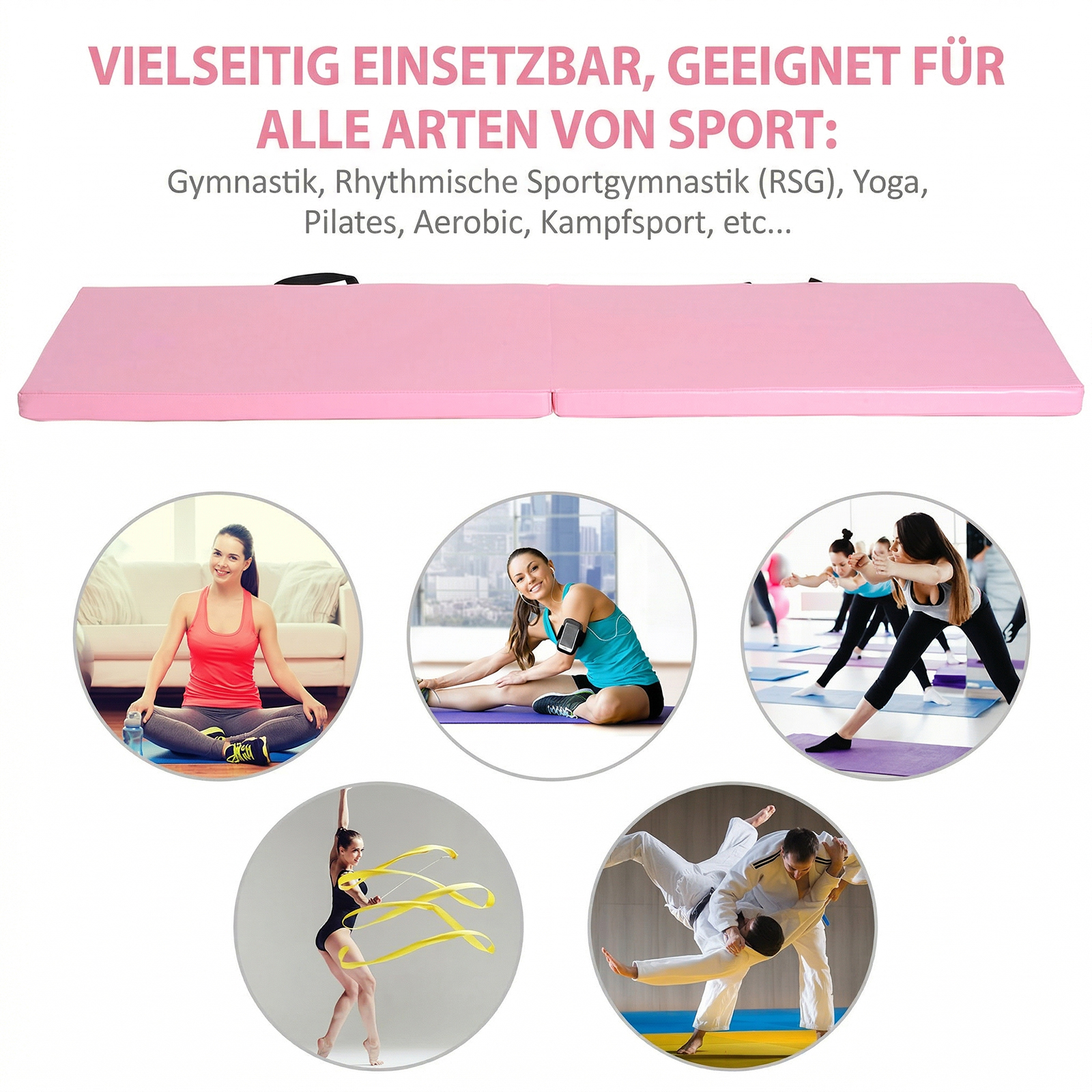 Trainingsmatte, faltbare Fitnessmatte mit Griffen für Yoga, MMA, Fitness, Pilates, Synthetikbezug, 180 x 60 x 5 cm, Rosa