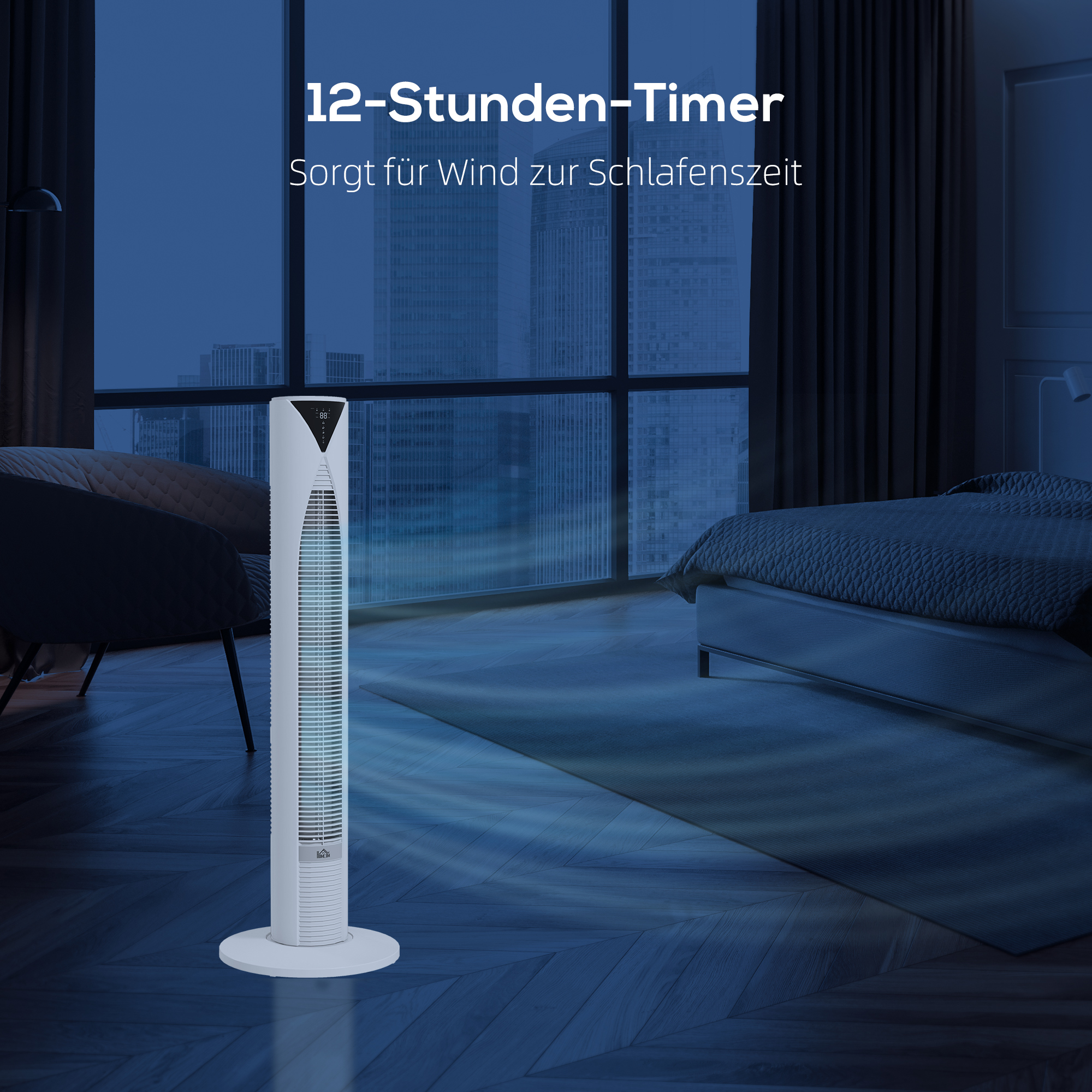 70° oszillierender Turmventilator mit Fernbedienung 4 Modi 3 Geschwindigkeiten Timer 31,5 x 31,5 x 96 cm Weiß