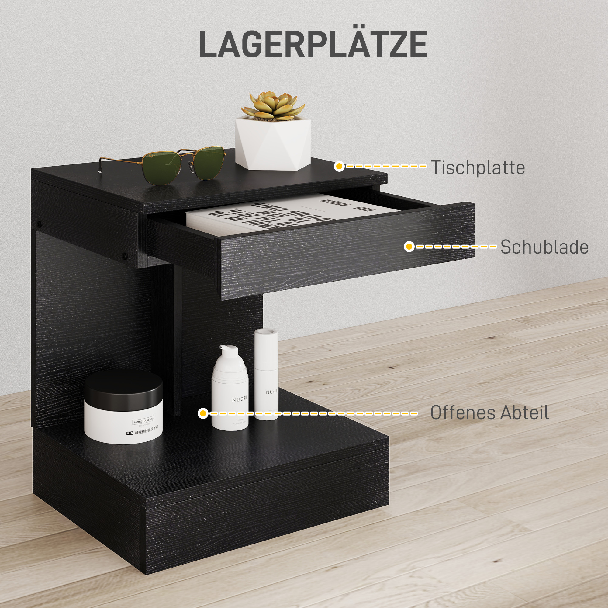 Nachttisch, Beistelltisch mit Schublade und Ablagefach, Moderner Sofatisch mit Regal für verschiedene Räume, Schwarz
