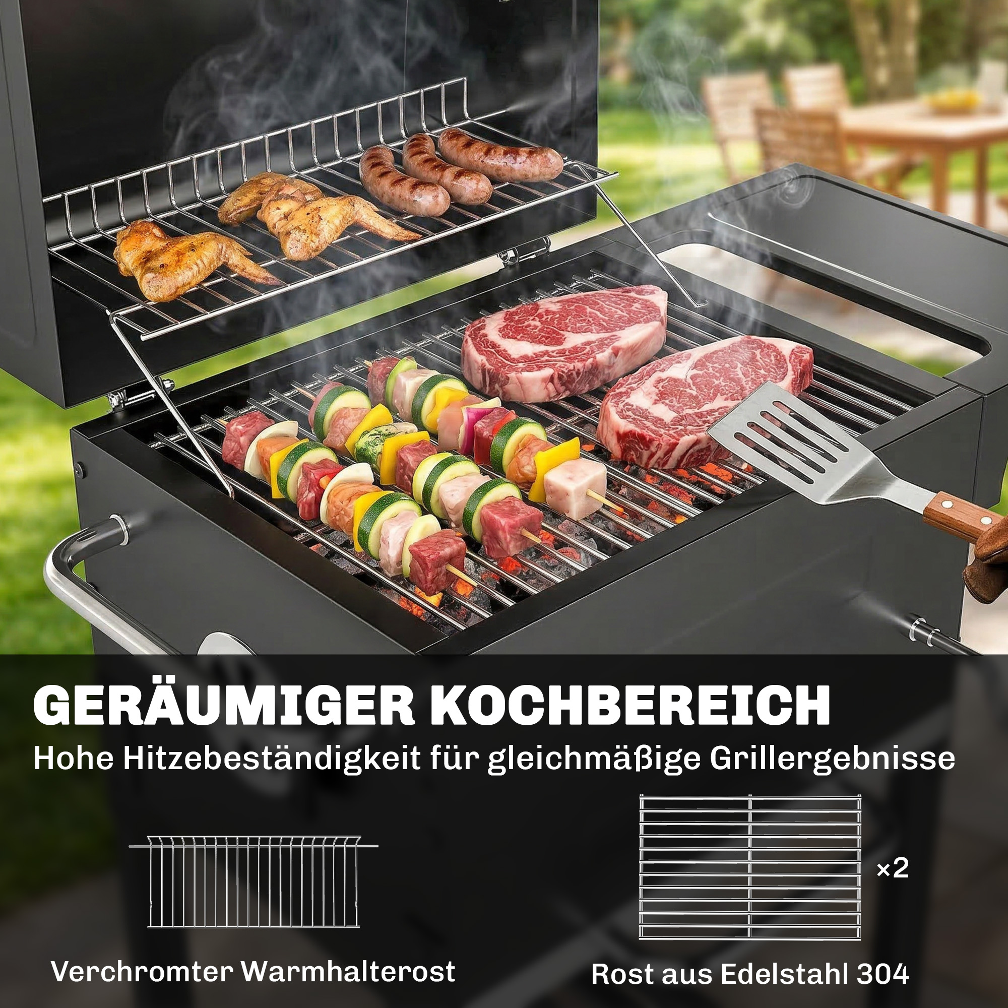 Holzkohlegrill Kompakt Grillwagen mit Deckel Thermometer Grillrost Seitentisch Aschefach Lüftungsschlitzen