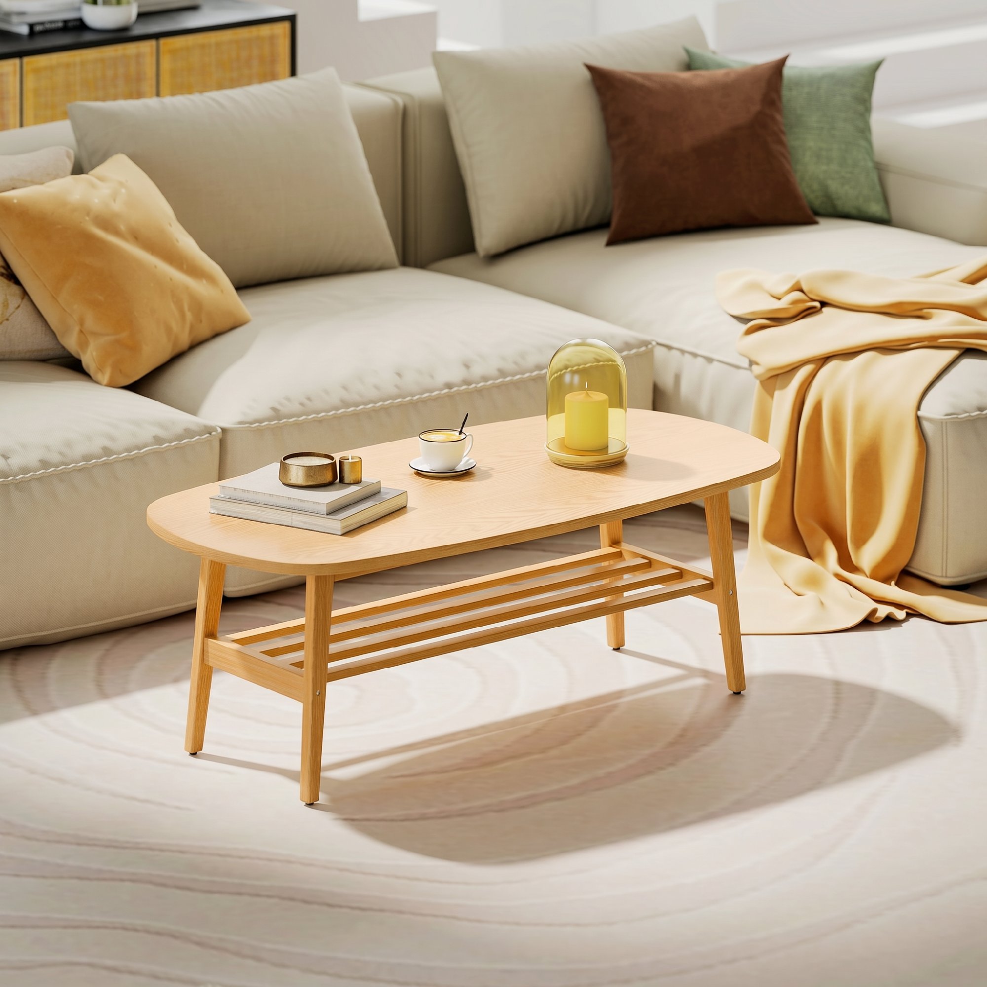 Couchtisch Wohnzimmertisch mit Ablage, Kaffeetisch für Wohnzimmer, Schlafzimmer, 120 x 60 x 42 cm, Naturholz