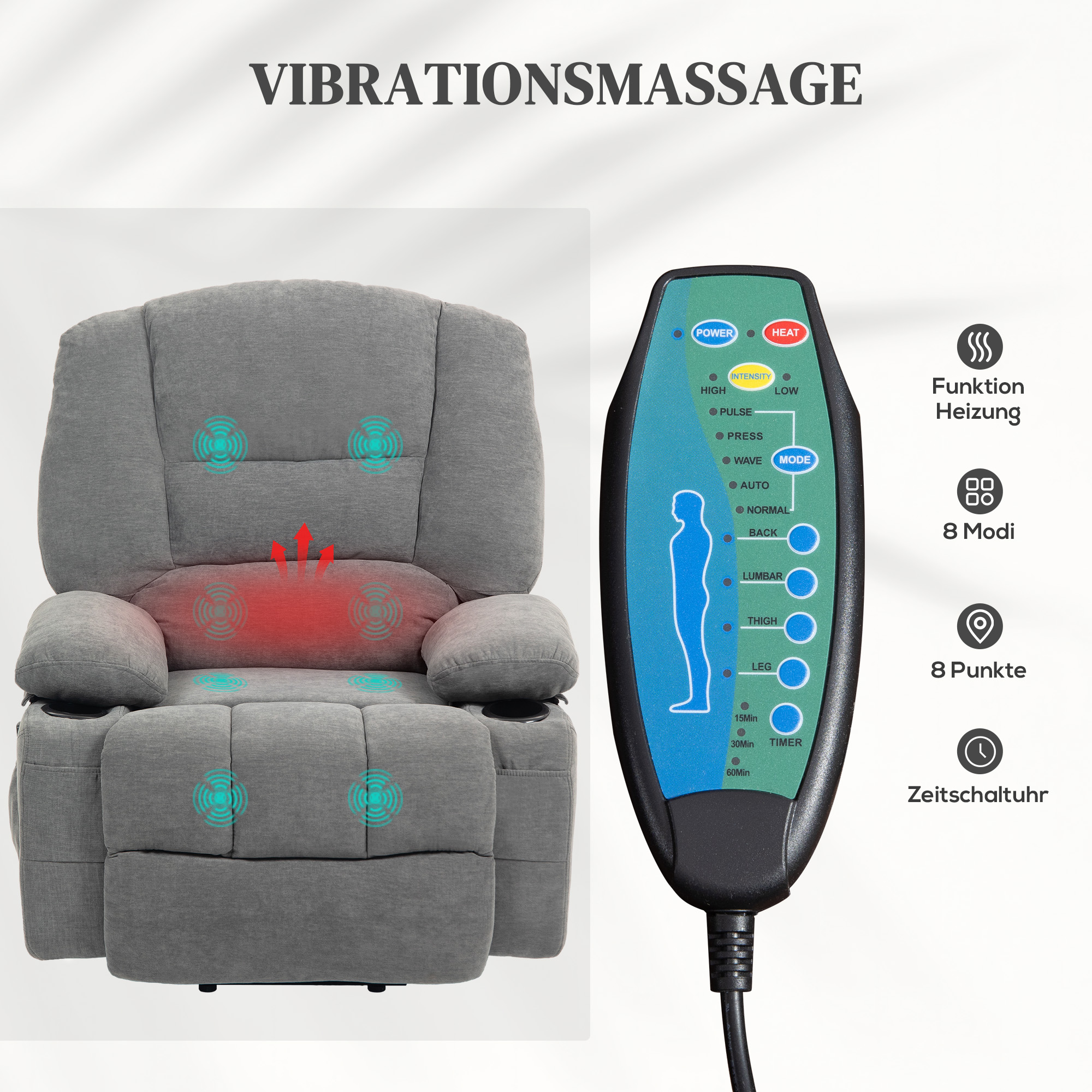 Elektrischer Relaxsessel mit Aufstehhilfe, Massagesessel mit Wärmefunktionen, 2 Fernbedienungen, weicher Schaumstoff