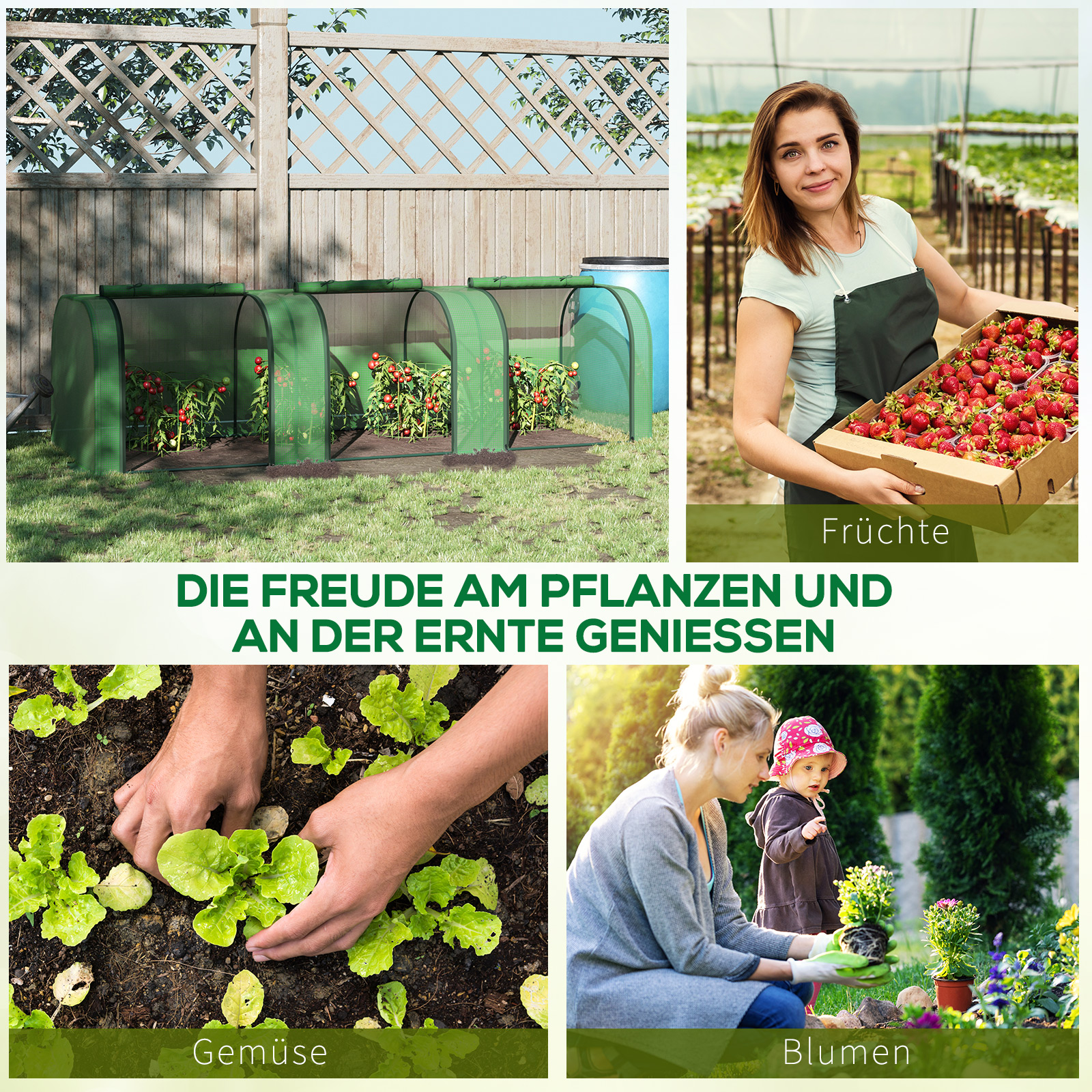 Foliengewächshaus, drei aufrollbare Türen, robuste Plane, Stahlrahmen, grün, 2,95 x 1 x 0,8 m