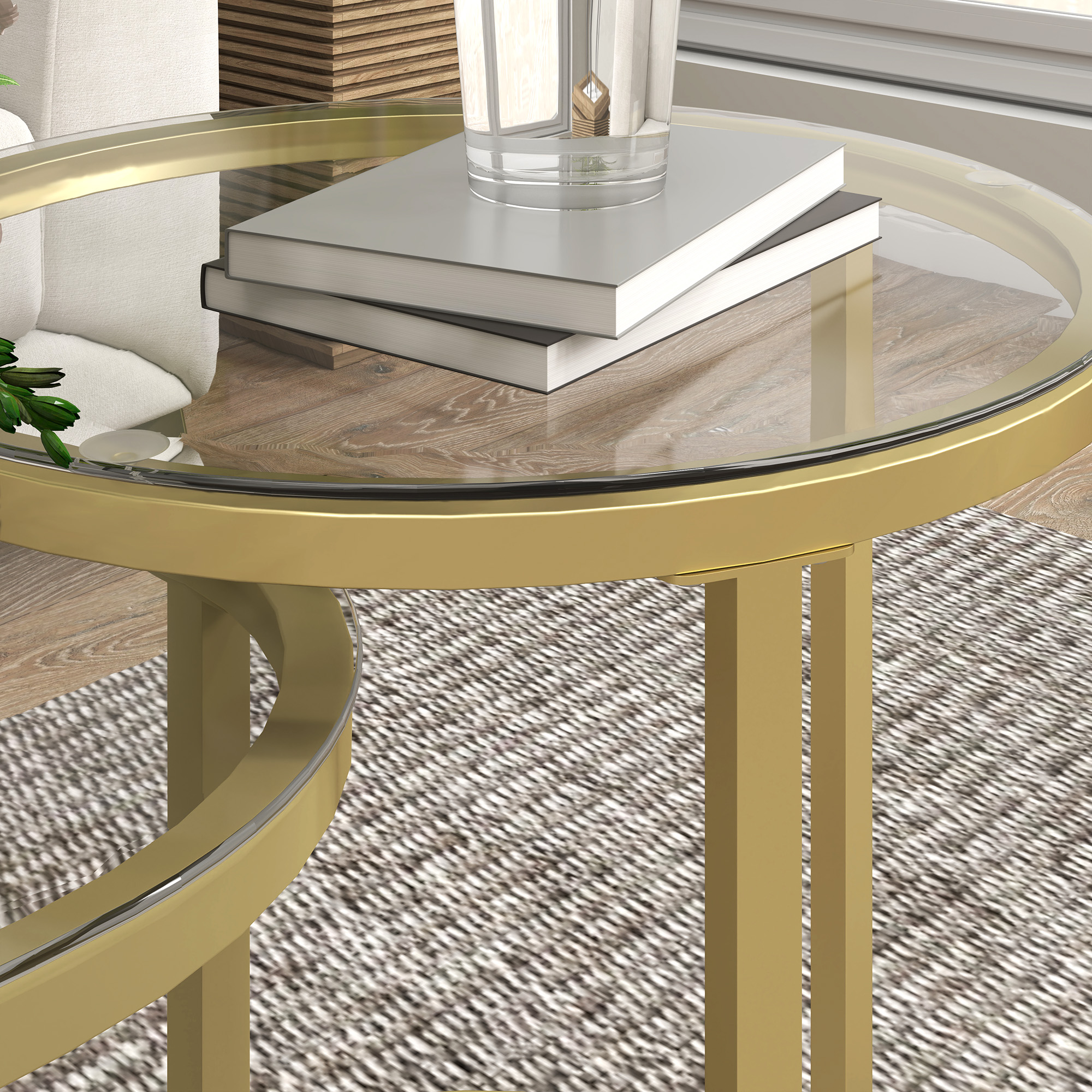 2er-Set Couchtisch, Ovaler und runder Kaffeetisch, stapelbar, Stahl, Ø50 x 50,5H cm, Gold