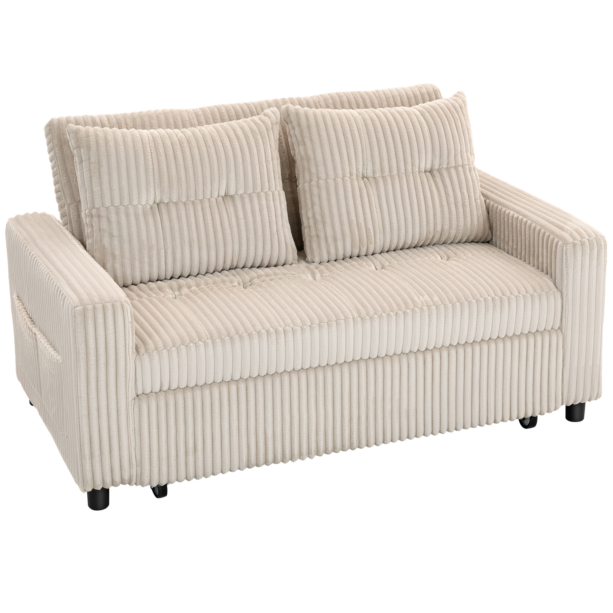2-Sitzer Sofabett, Cordbezug, zum Schlafsofa umwandelbar, 2 Kissen, Seitentaschen, 157 x 190 cm, Cremeweiß