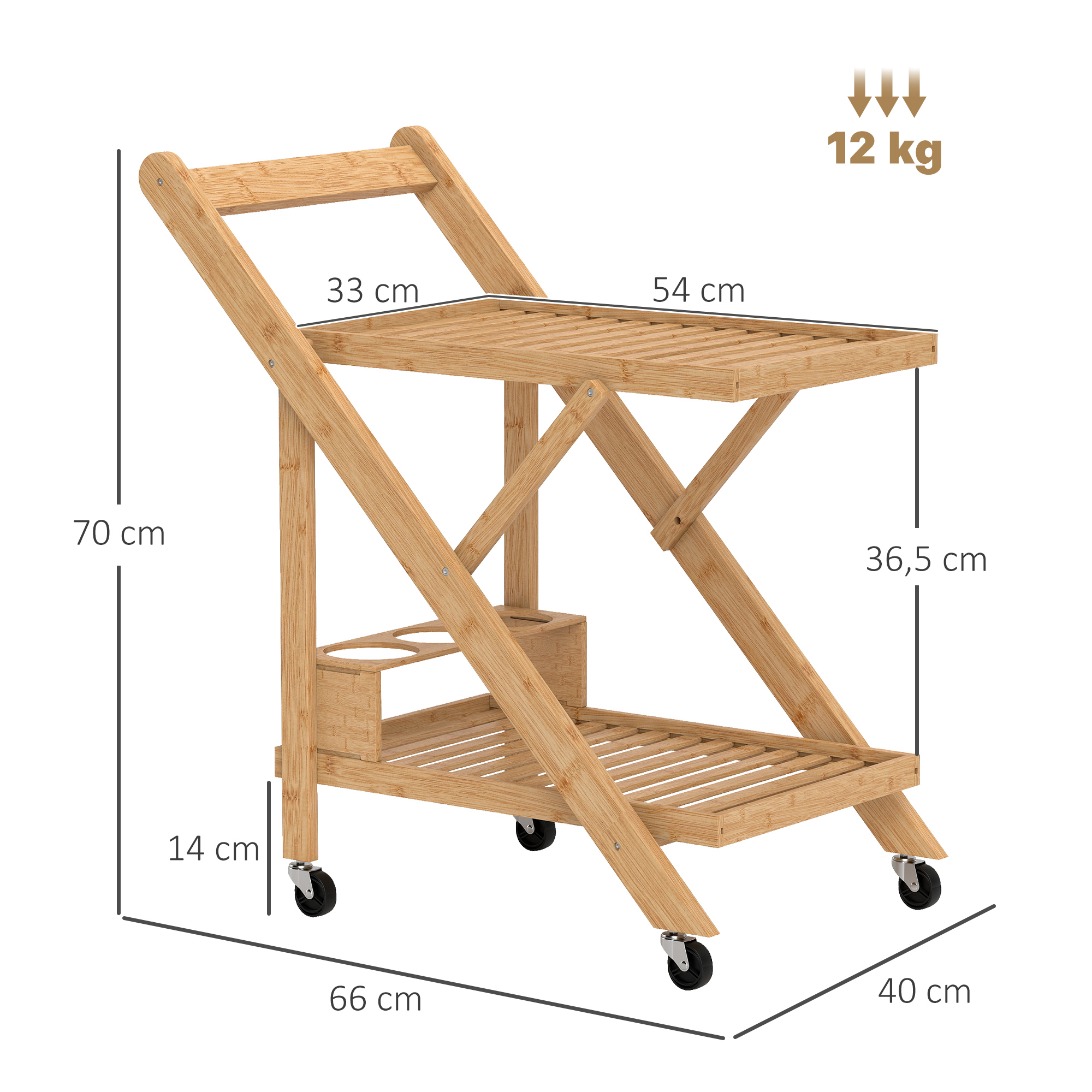 Küchenwagen auf Rädern, Servierwagen mit 3 Weinregalen, 2 Tabletts, für Küche, Esszimmer, Bambusholz, Hellbraun