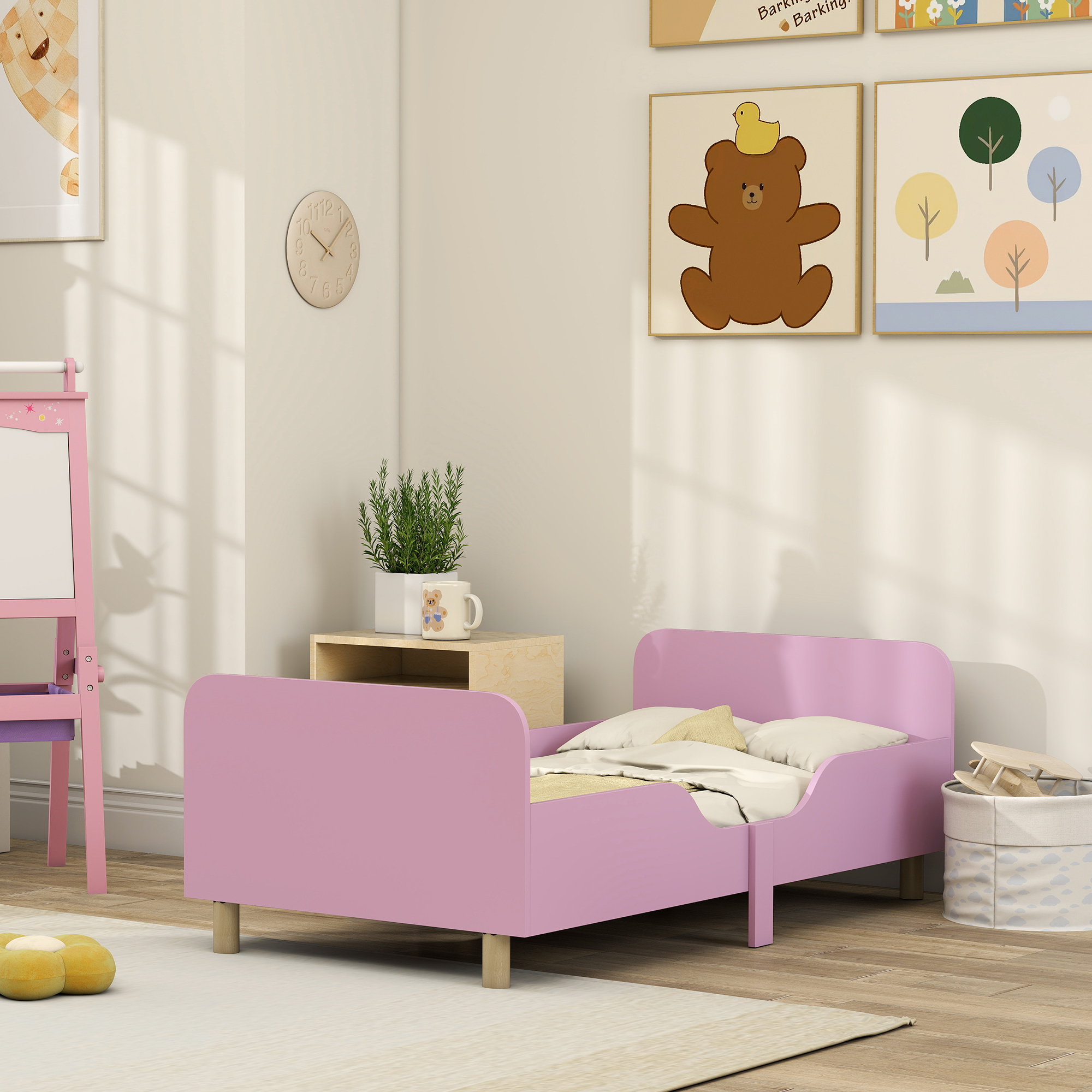 Kinderbettgestell, Einzelbettrahmen für Kinder, Schutzgitter, kleines Bett für Kinderzimmer, MDF, ohne Matratze, Rosa