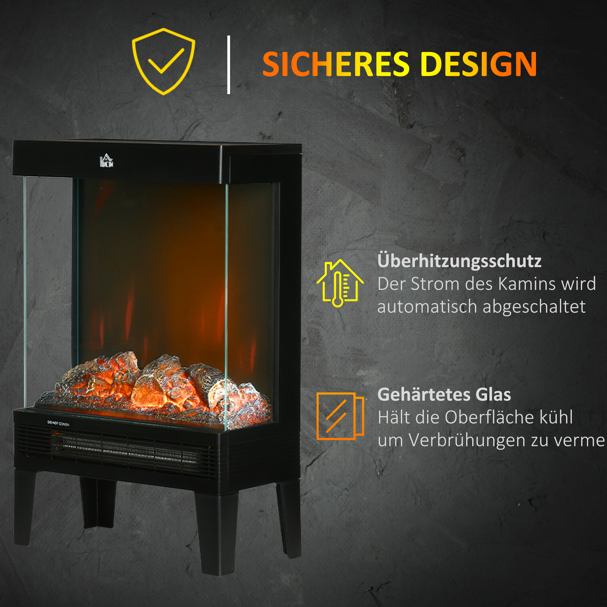 Elektrokamin, 2000 W, Standkamin mit HeizungLED 3D-Flammeneffekt, 4 Helligkeitsstufen, Elektrischer Kamin mit Thermostat, Überhitzungsschutz, Schwarz