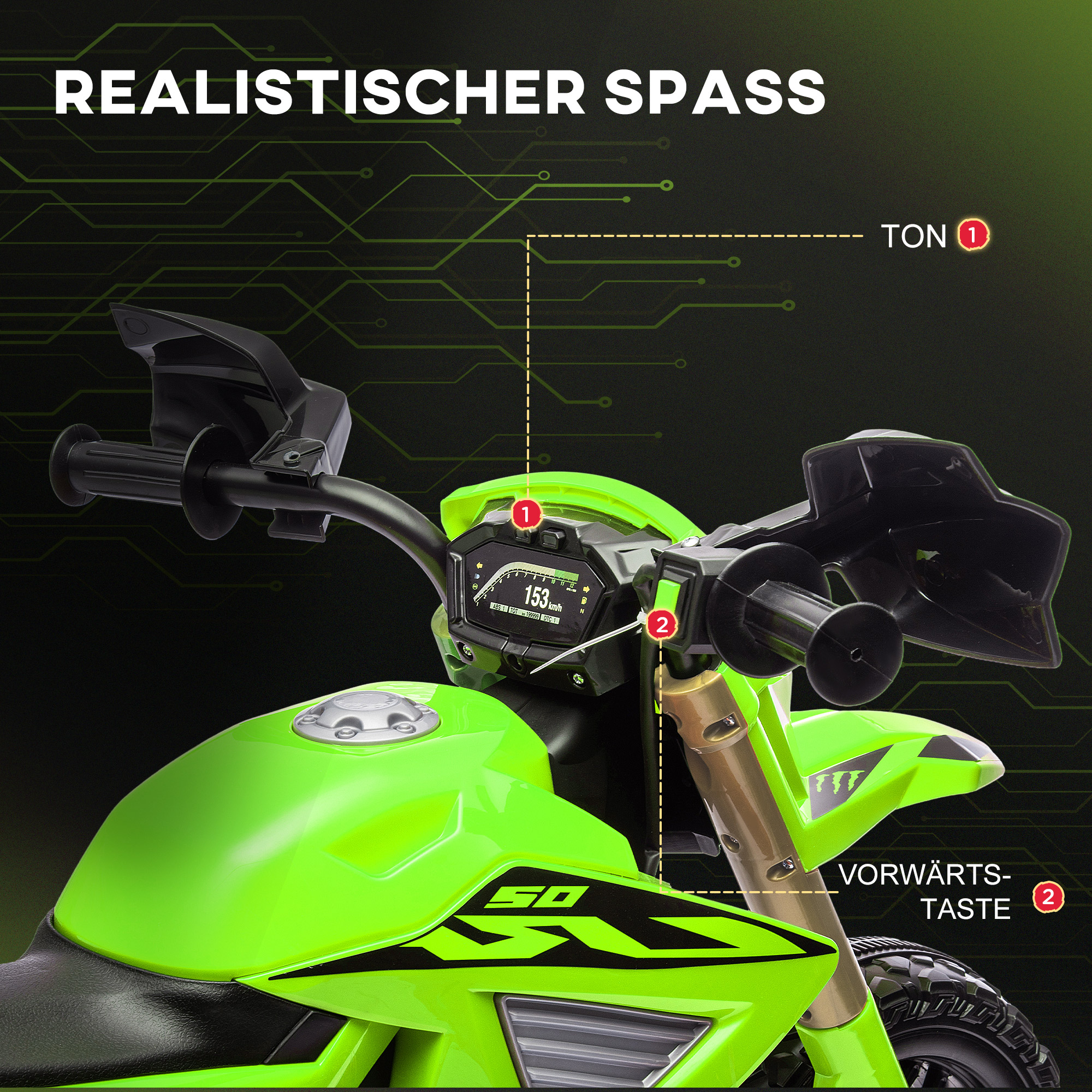 Elektro-Motorrad für Kinder, 6V Batterie-Antrieb, Stützräder, Hupe, Startgeräusch, 3-8 Jahre, Grün