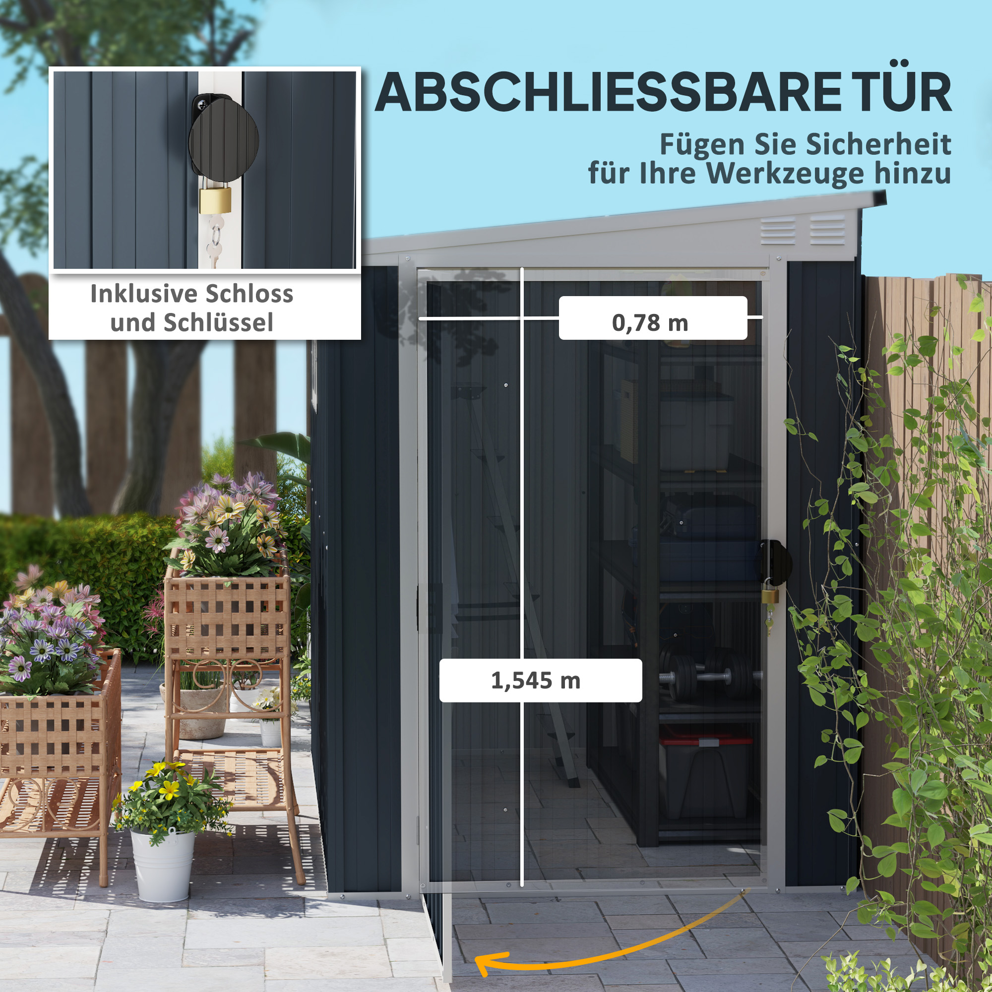 Gartenlagerschuppen, Werkzeugschuppen für Gartengeräte, Fenster, Lüftungsöffnungen, abschließbar, Stahl, Dunkelgrau