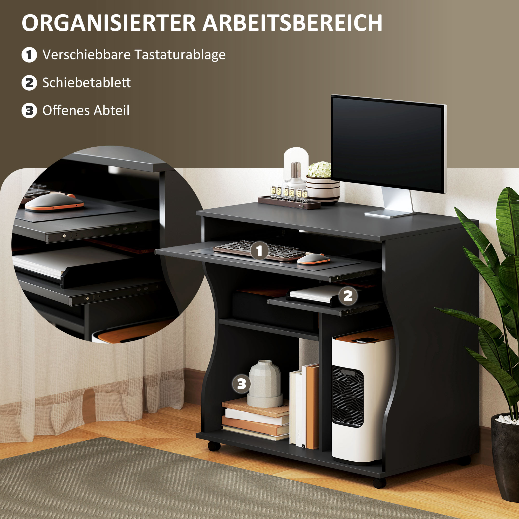 Computertisch mit Rollen, Schreibtisch mit Stauraum, 80 x 48 x 75 cm, Schwarz
