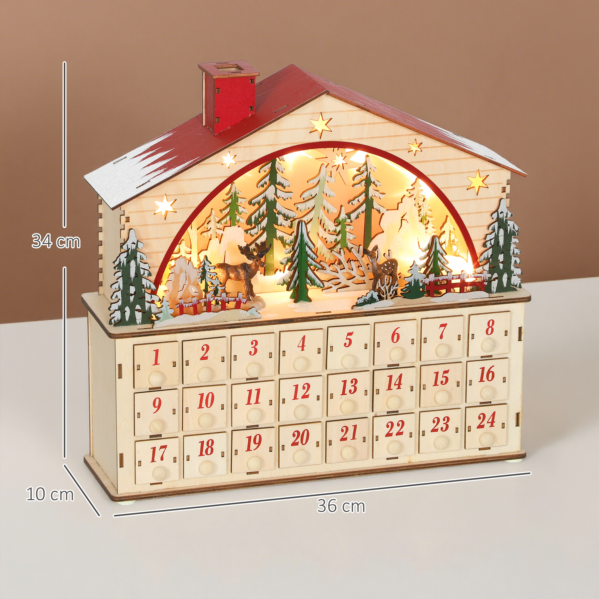 Adventskalender zum Befüllen 24 Schubladen Fächer Weihnachtskalender mit LED-Lichtern Naturholz 36 x 10 x 34 cm