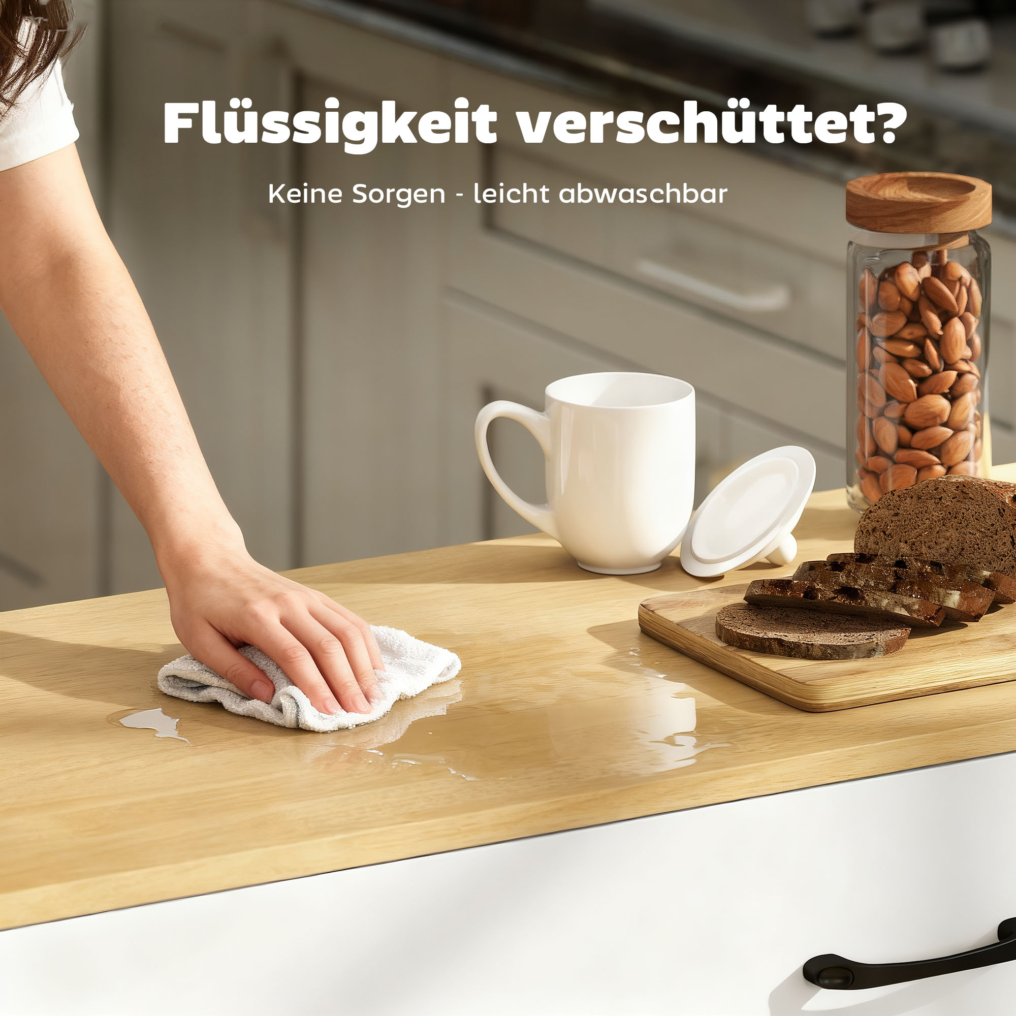 Rollbare Kücheninsel, ausklappbare Arbeitsfläche, Soft-Close-Schranktüren, Schubladen, Handtuchhalter, MDF, Weiß