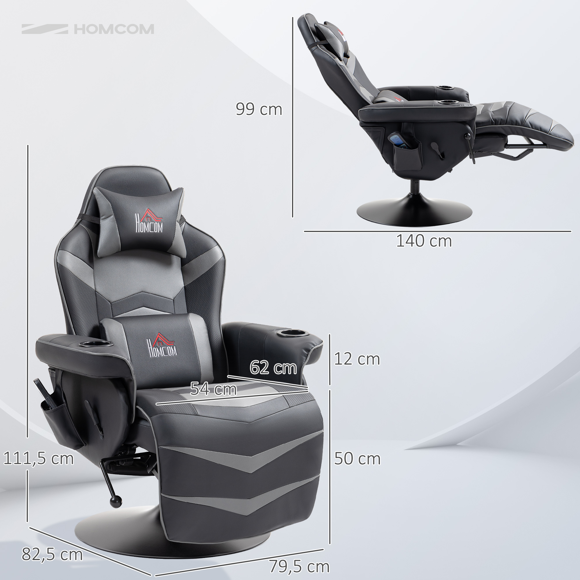 Gamingsessel, Massagefunktion, neigbare Lehne, Fußstütze, bis 120 kg, Stahlrahmen, Kunstleder, Grau