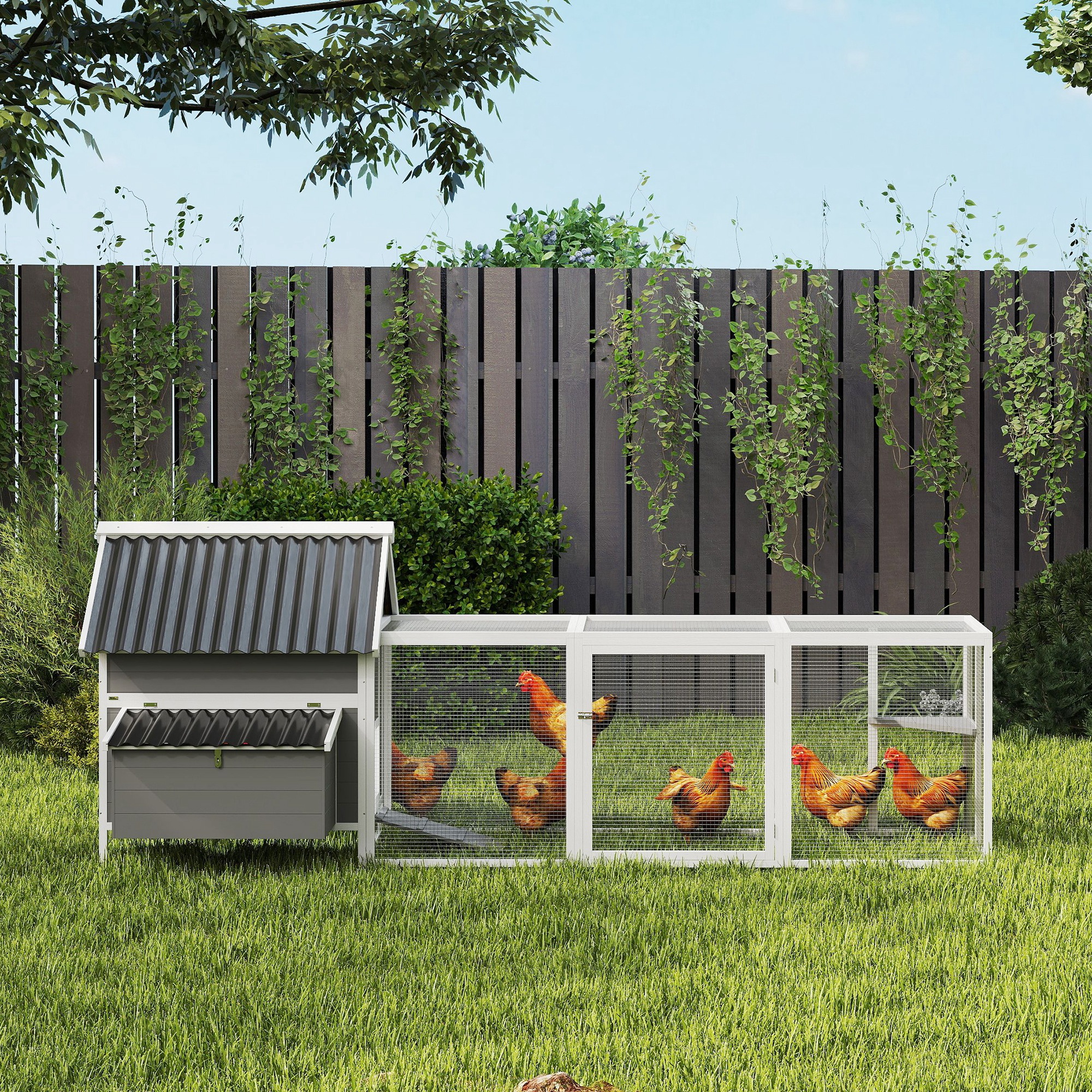Großer Hühnerstall für 7-10 Hühner, Sitzstangen, Schaukel, Fenster, Nistkästen, Maschendraht, Grau