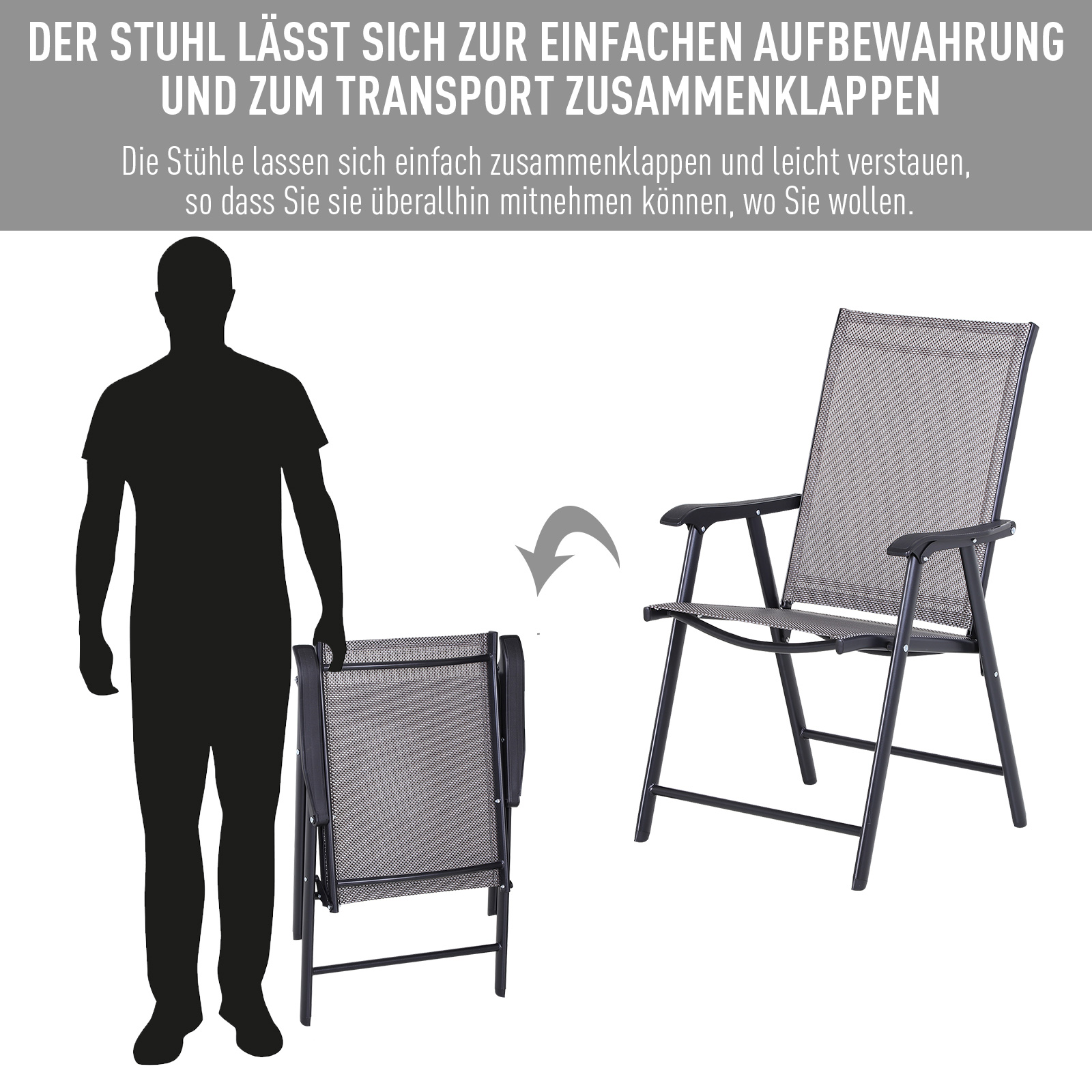 Klappstuhl mit Armlehne 2er Set Campingstuhl Angelstuhl Metall Grau 58 x 64 x 94 cm