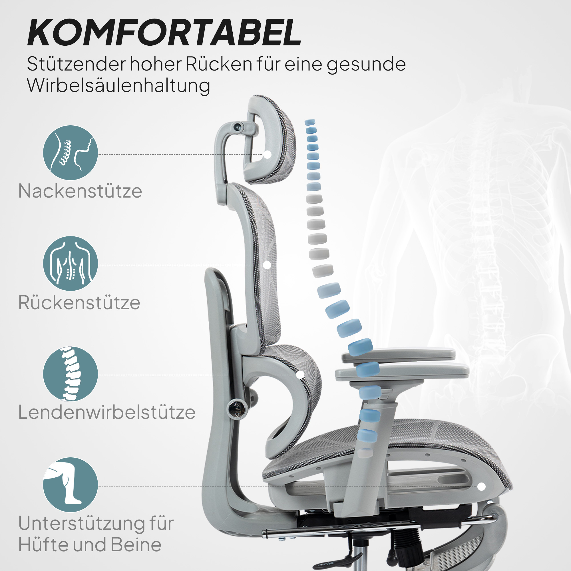 Bürostuhl, ergonomischer Schreibtischstuhl mit Netzstoffbezug, verstellbar, rollbar, mit Armlehnen, Kopfstütze, Grau