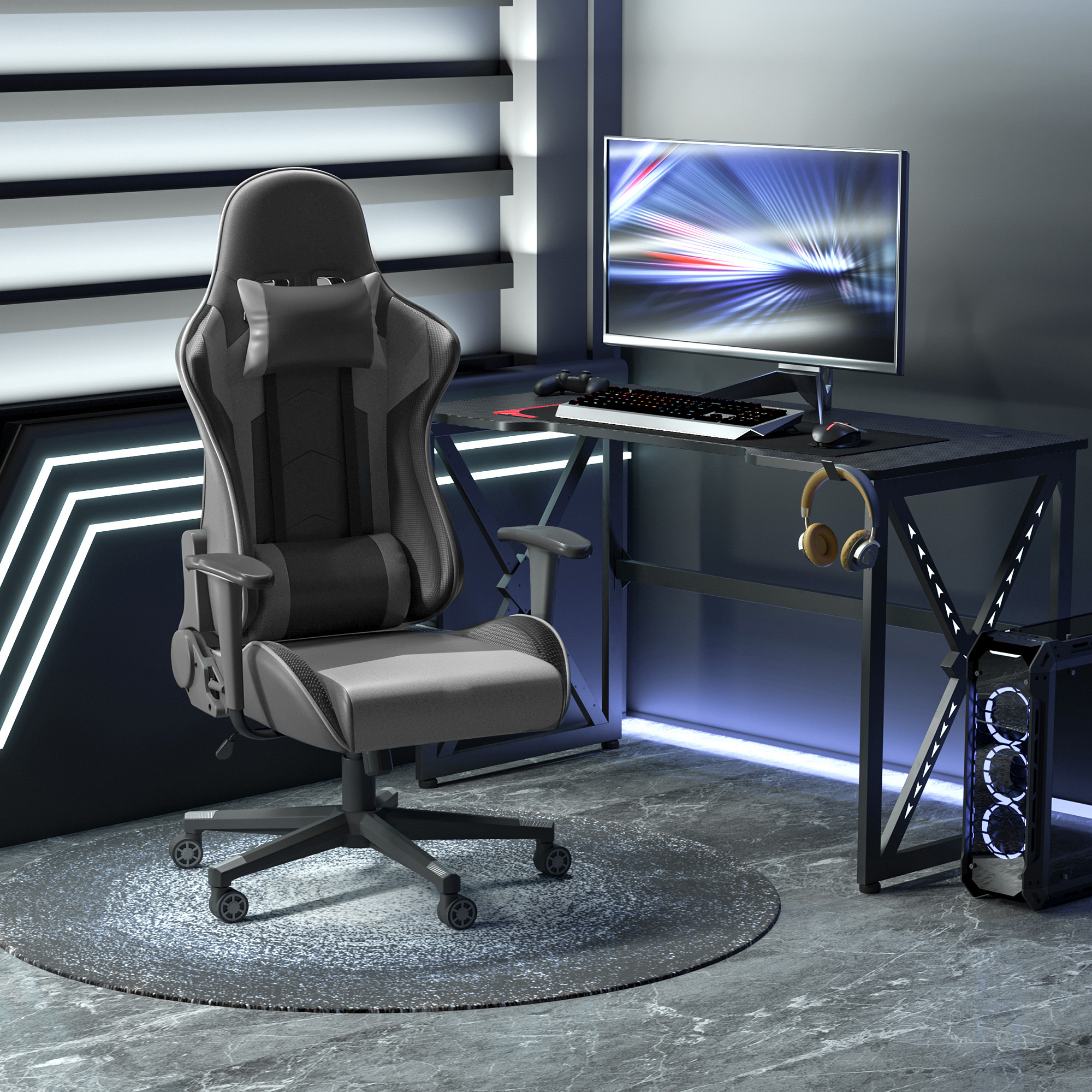 ergonomischer Bürostuhl, Gaming Stuhl, Drehstuhl, Kunstleder, Schaumstoff, Schwarz, 67,5 x 74x 126-136 cm