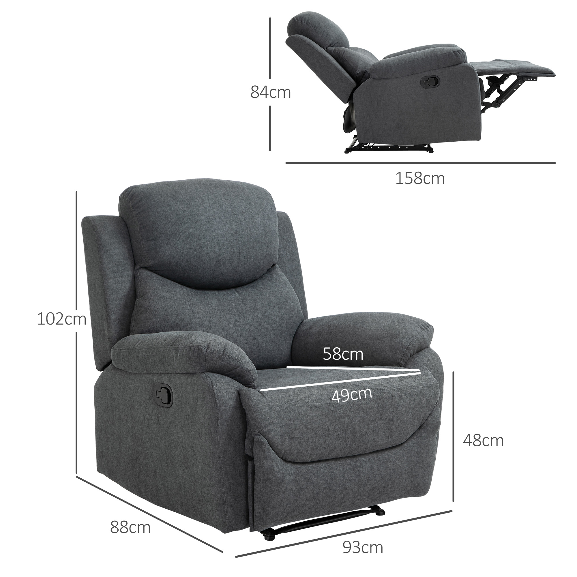Sessel mit Liegefunktion für Wohnzimmer, 150° neigbar, Leinenoptik, Dunkelgrau