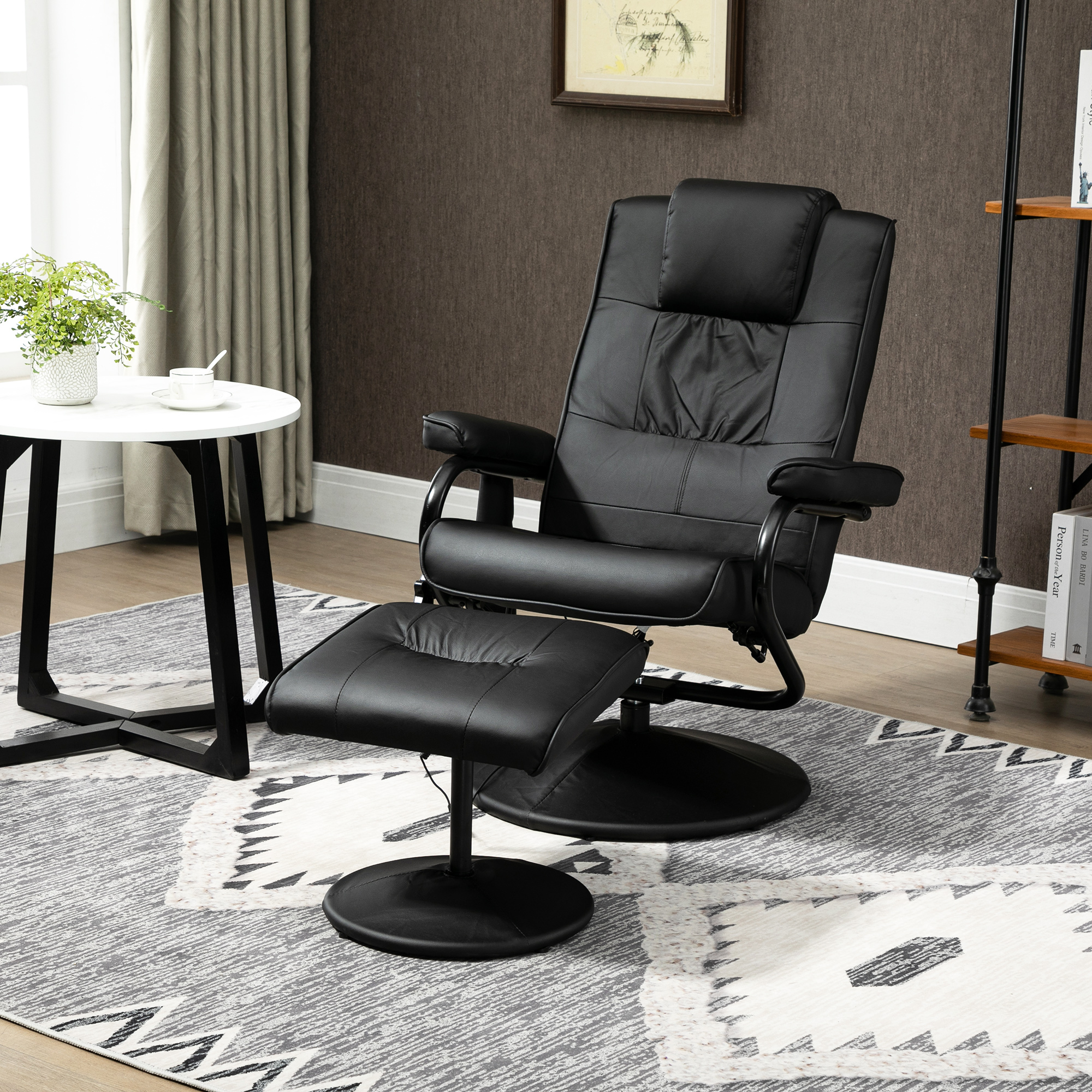 Massagesessel mit Hocker, Drehbares Relaxsessel mit Massagefunktion, Fernsehsessel mit Liegefunktion, Fernbedienung für Wohnzimmer, Kunstleder, Schwarz