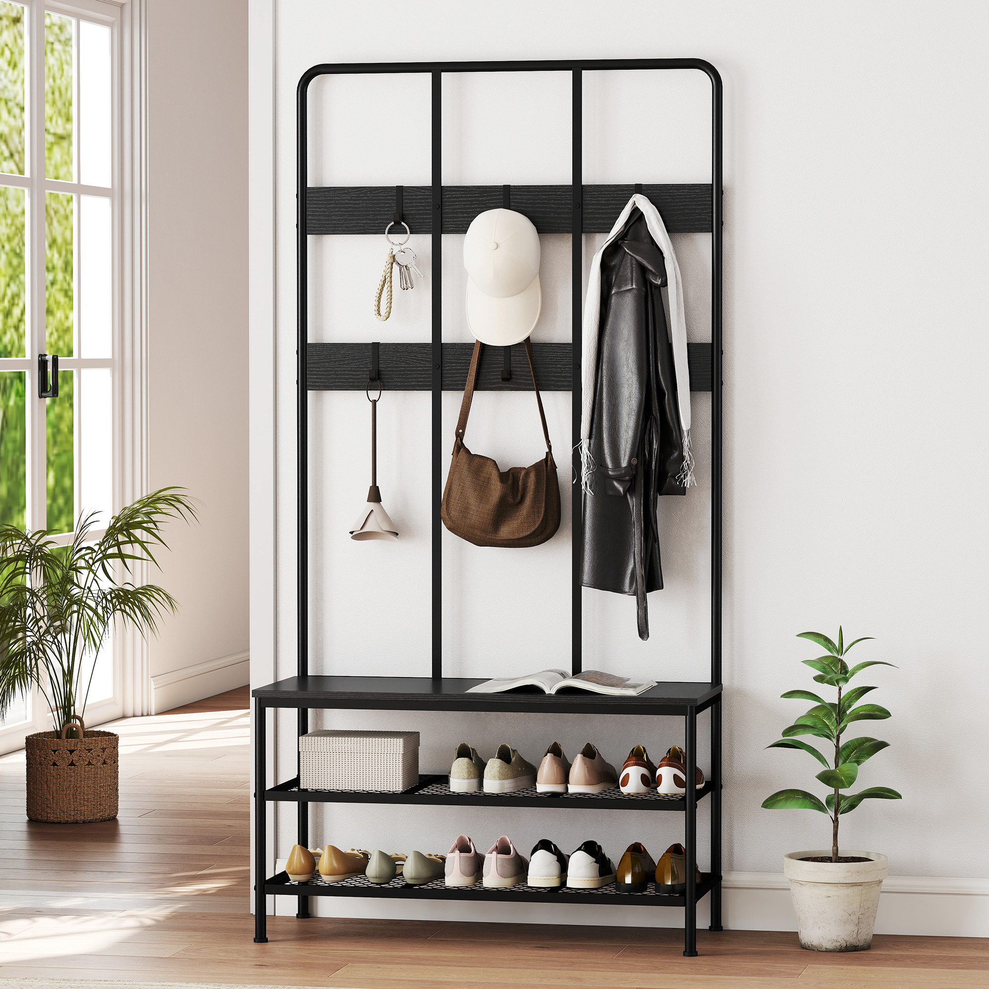 3-in-1 Garderobenständer, Kleiderhaken, Sitzbank, Schuhregal, Metall, Spanplatte, Schwarz