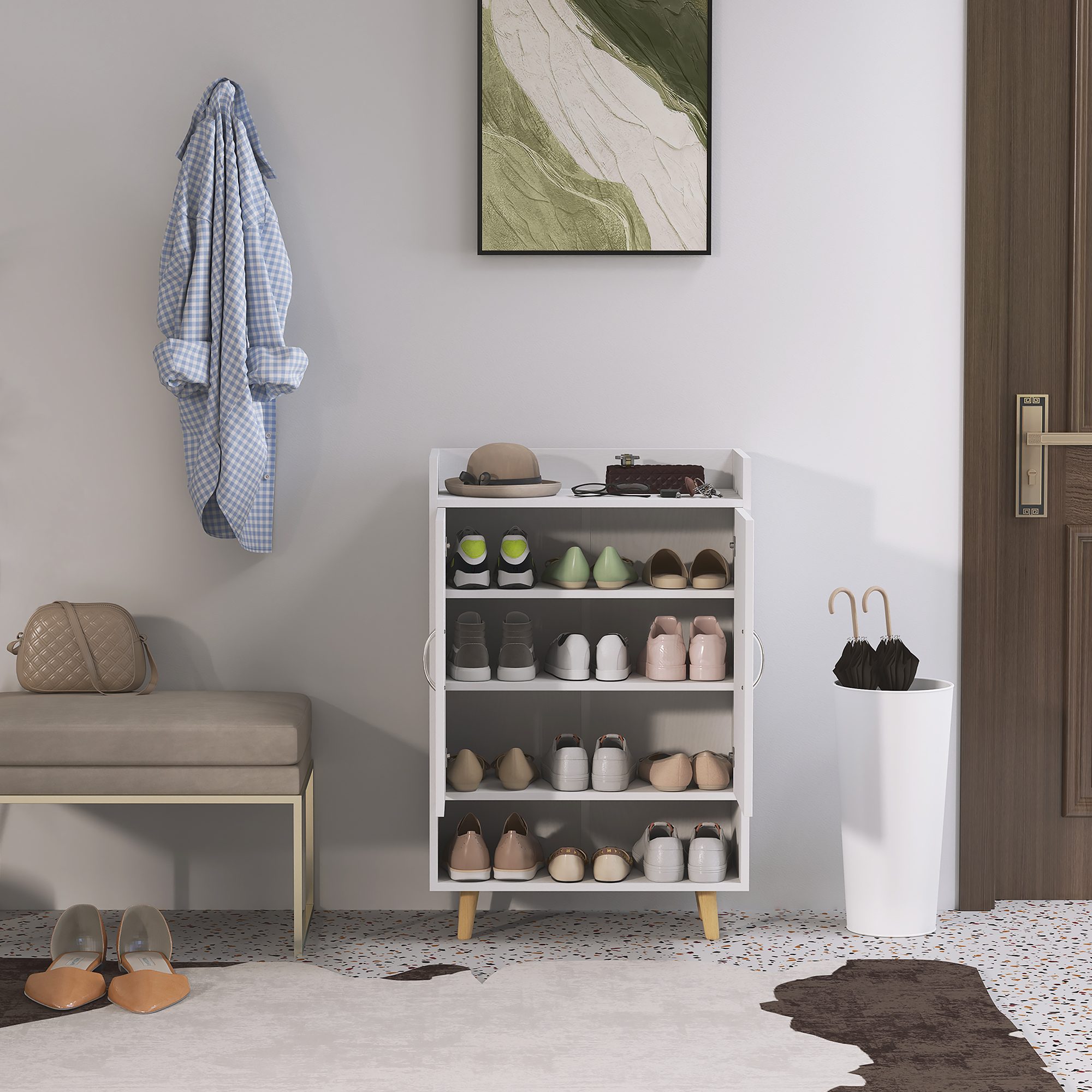 Schuhschrank, Schuhregal mit Türen und Regalen, für Flur, moderne Schuhkommode, Schuhablagen, 60 x 30 x 92 cm, Weiß