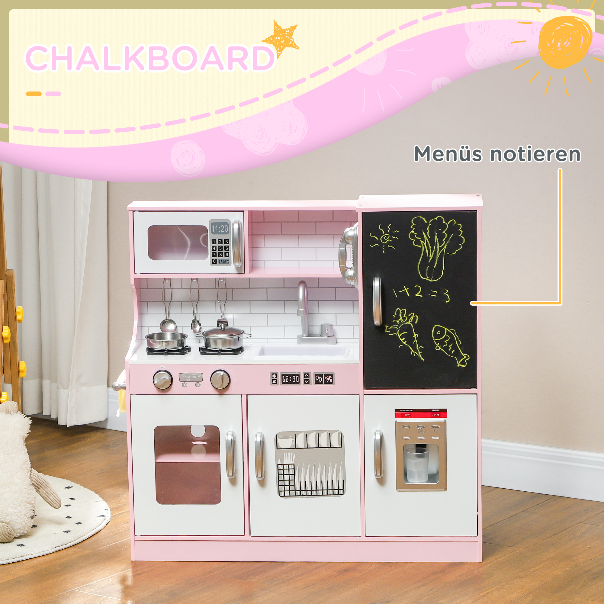Spielküchen-Set mit Töpfen, Tafel, Telefon, Eismaschine, Herd, 83,8 x 26,8 x 81 cm, Pink