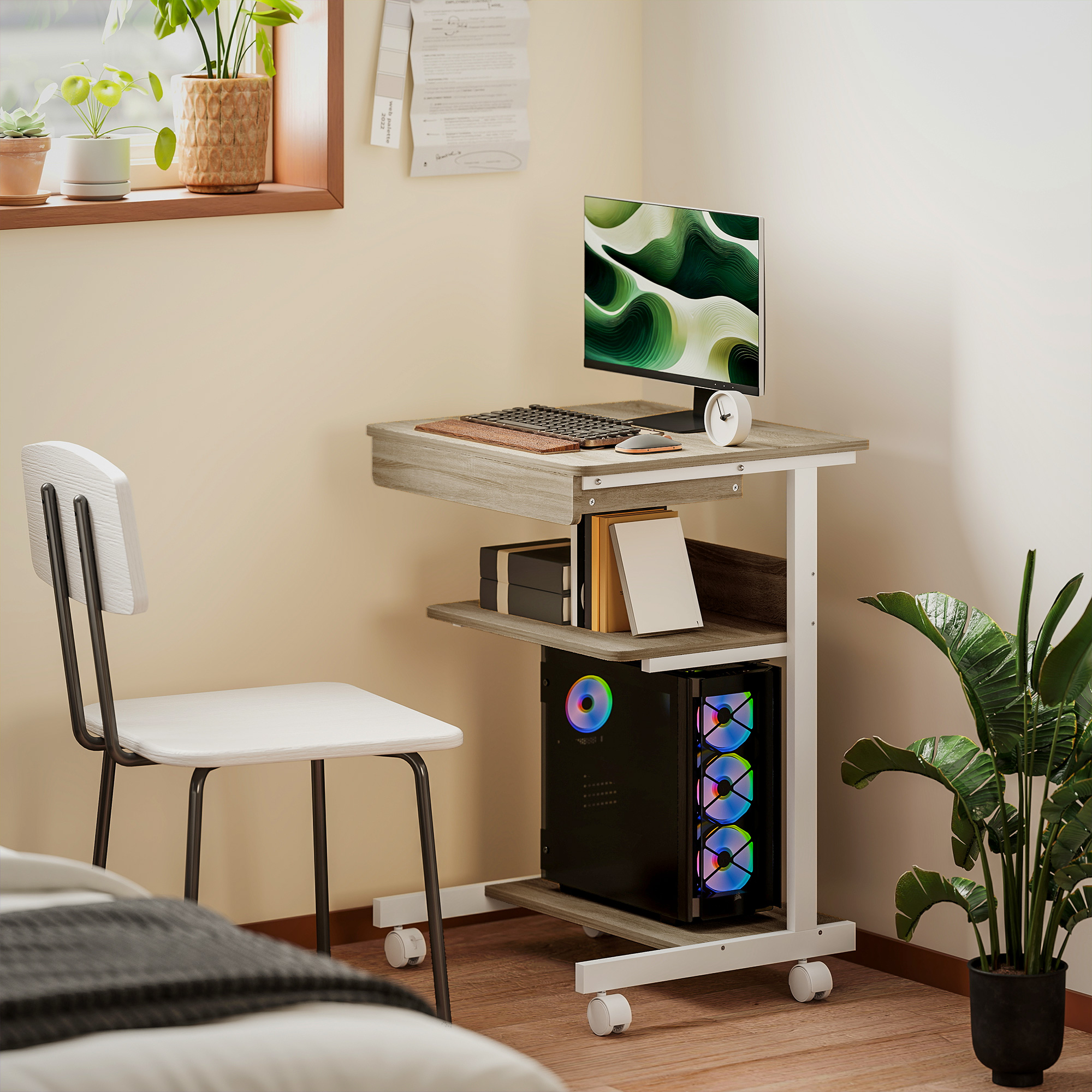 Roll-Schreibtisch mit Schublade und Regalen, 4 Räder, kompakt, Spanplatte, Metall