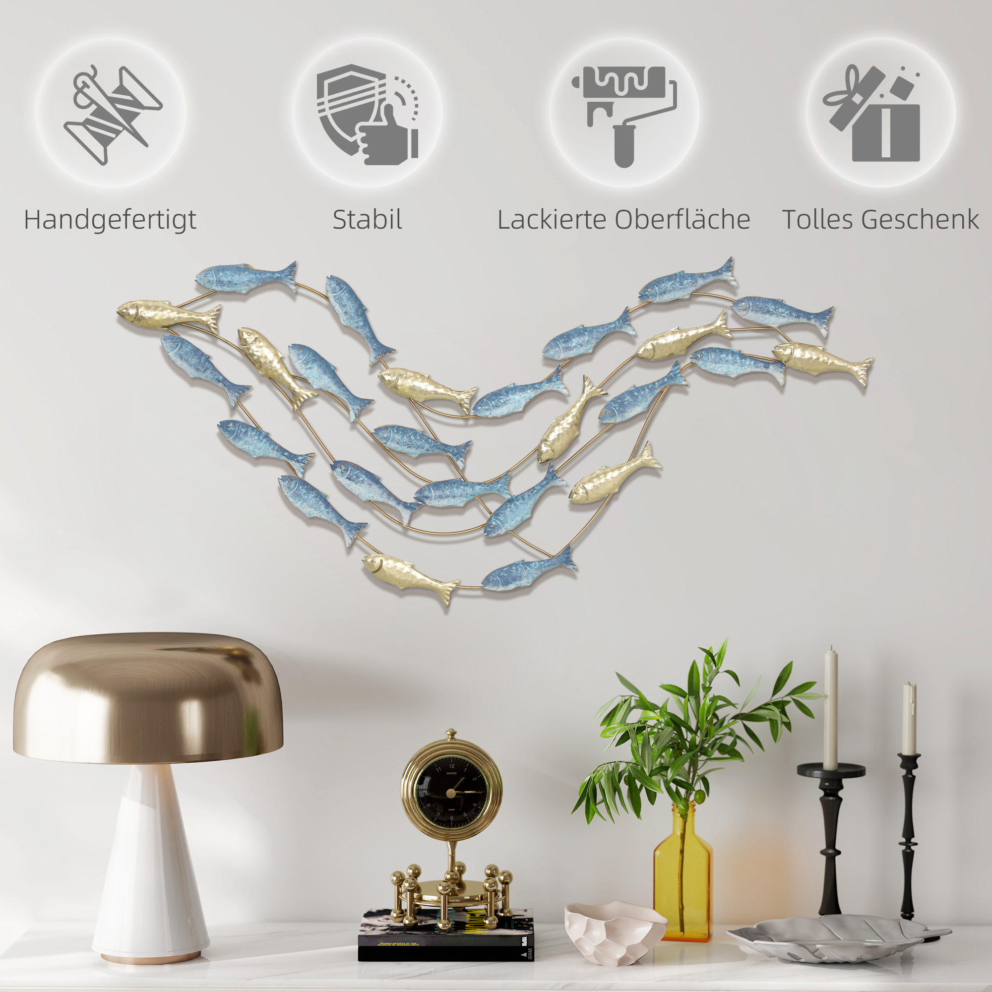 Wandkunst aus Metall, Fischdesign, rostbeständig, moderner Stil, elegant, Hellblau