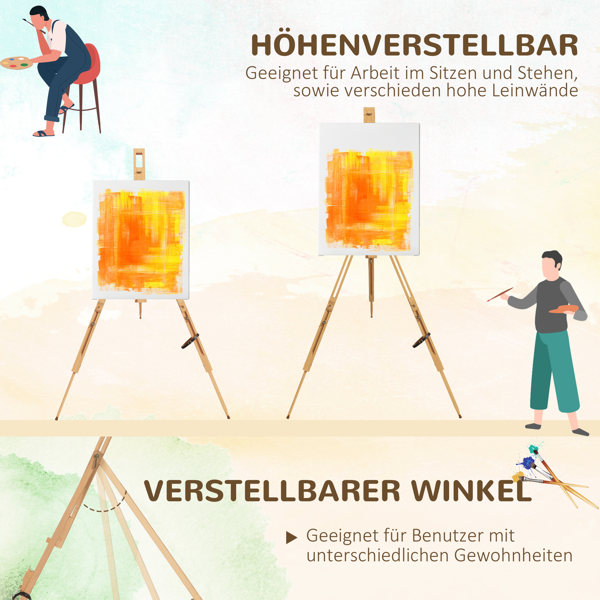 Staffelei, höhenverstellbar, klappbar, natürliches Buchenholz, für Leinwände bis 107H cm